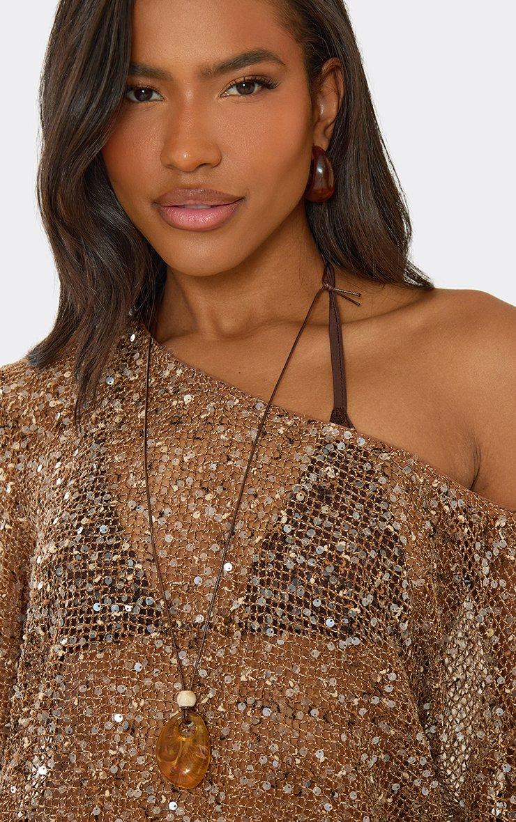 Off The Shoulder Long Sleeve Top In Brown Sequin Crochet. | EGO US