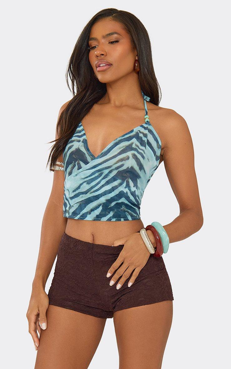 Plunge Front Ruffle Trim Detail Corset Top In Blue Mesh | EGO CA | EGO
