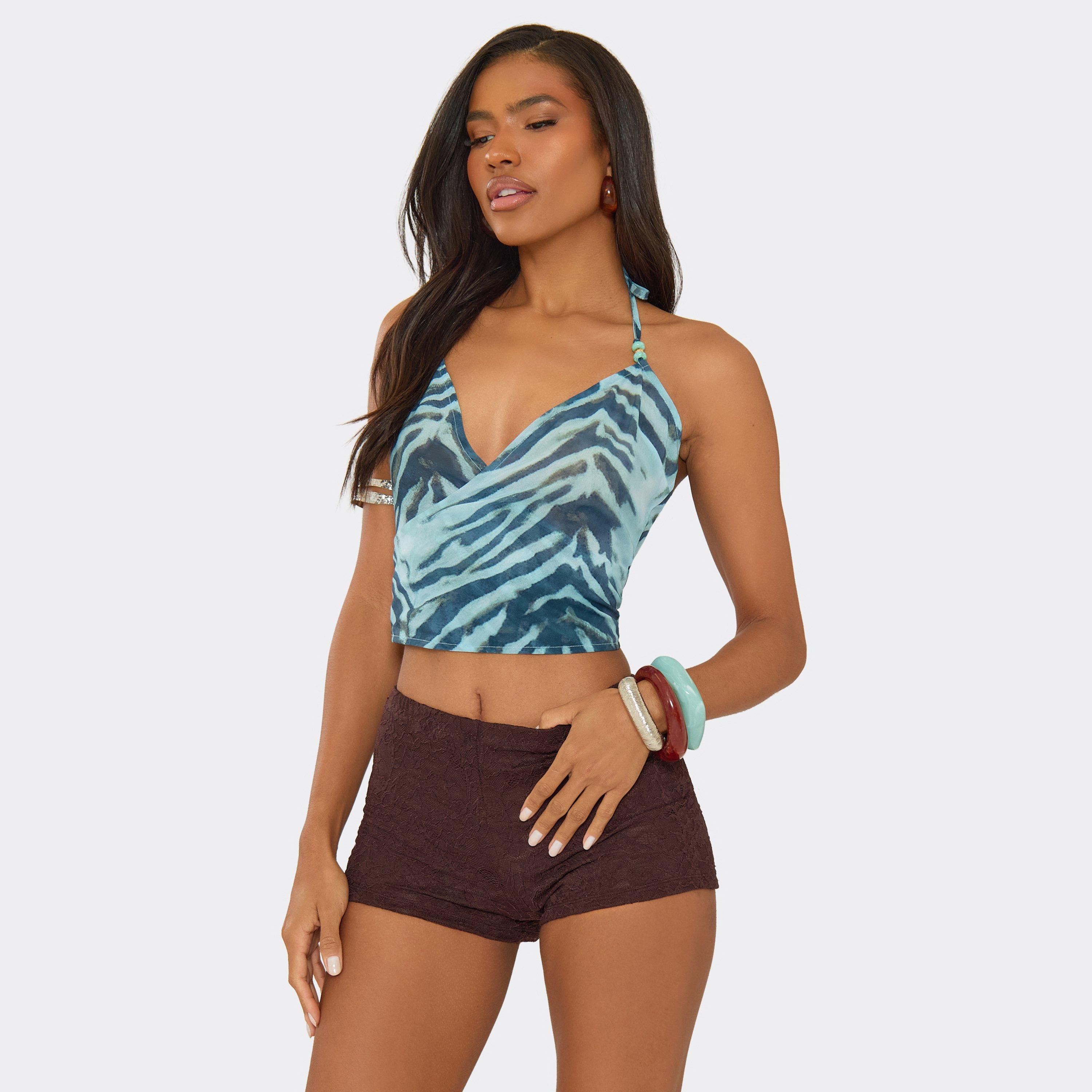 Strappy Crossed Front Beaded Detail Top In Blue Abstract Animal Print, Women's Size UK 6
