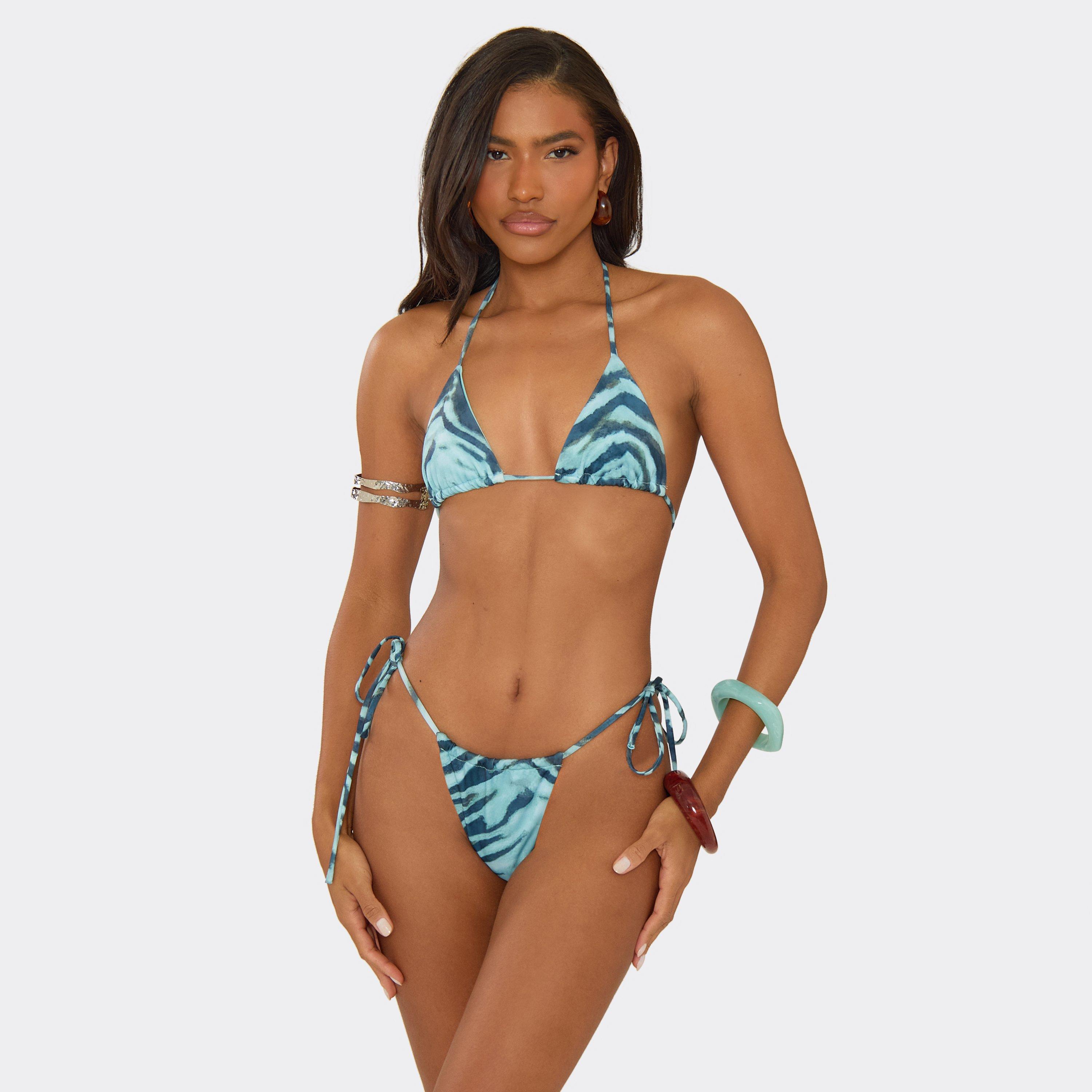 Triangle Tie Side Bikini Set In Blue Abstract Animal Print, Women's Size UK 6