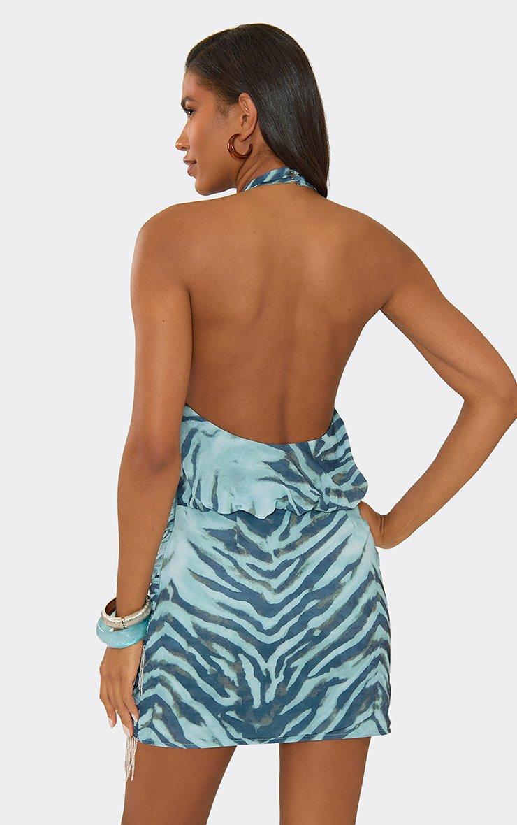 Plunge Neck Beaded Tassel Detail Mini Dress In Blue Abstract Animal Print |  EGO UK | EGO