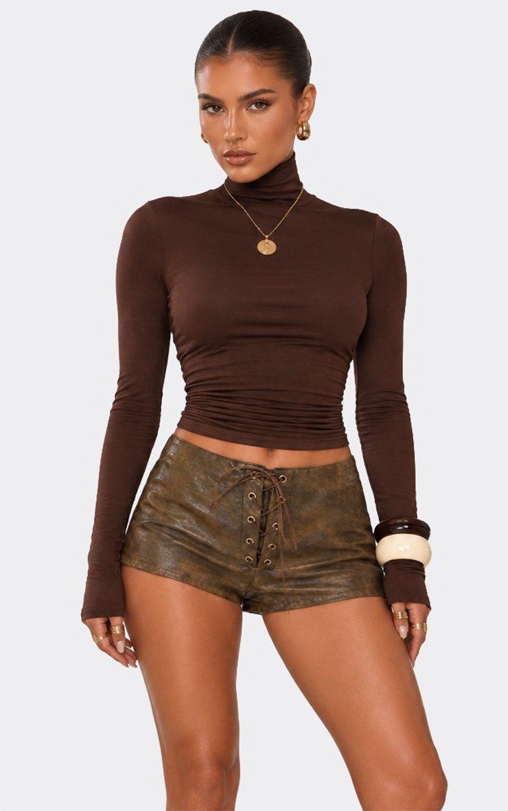 Low Rise Lace Up Front Shorts In Brown Faux Leather