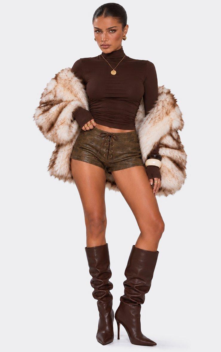 Low Rise Lace Up Front Shorts In Brown Faux Leather