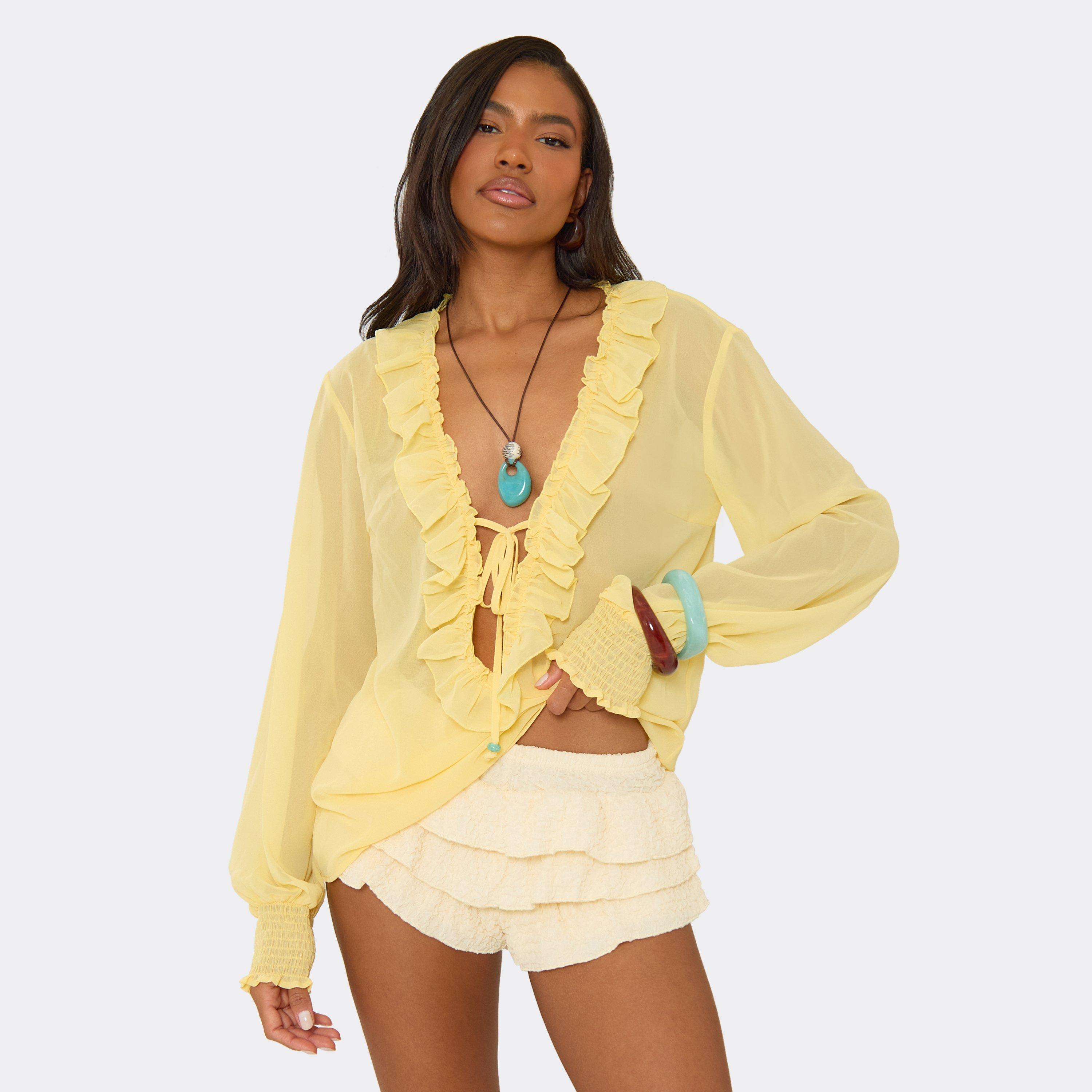 Long Balloon Sleeve Frilled Detail Tie Front Top In Lemon, Women's Size UK 6