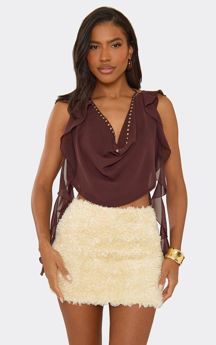 Plunge Front Scarf Neck Detail Top In Brown Polka Dot Mesh | EGO