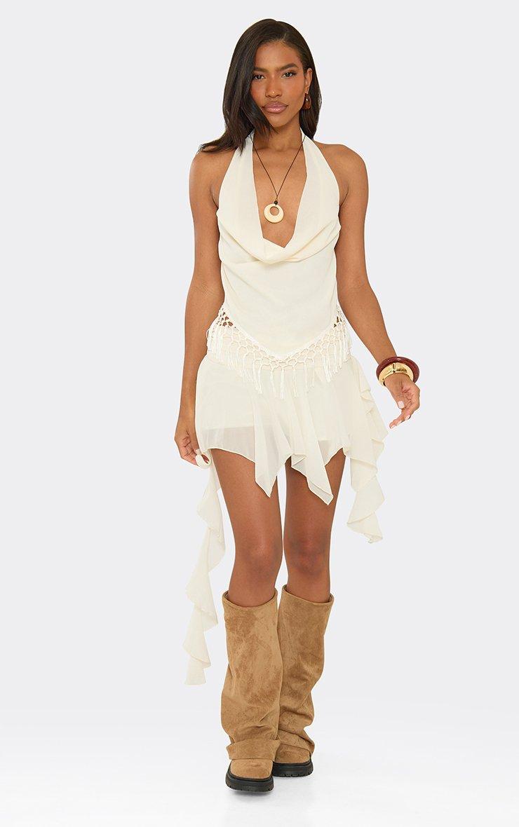 Low Waist Drape Detail Hanky Hem Mini Skirt In Cream | EGO US | EGO