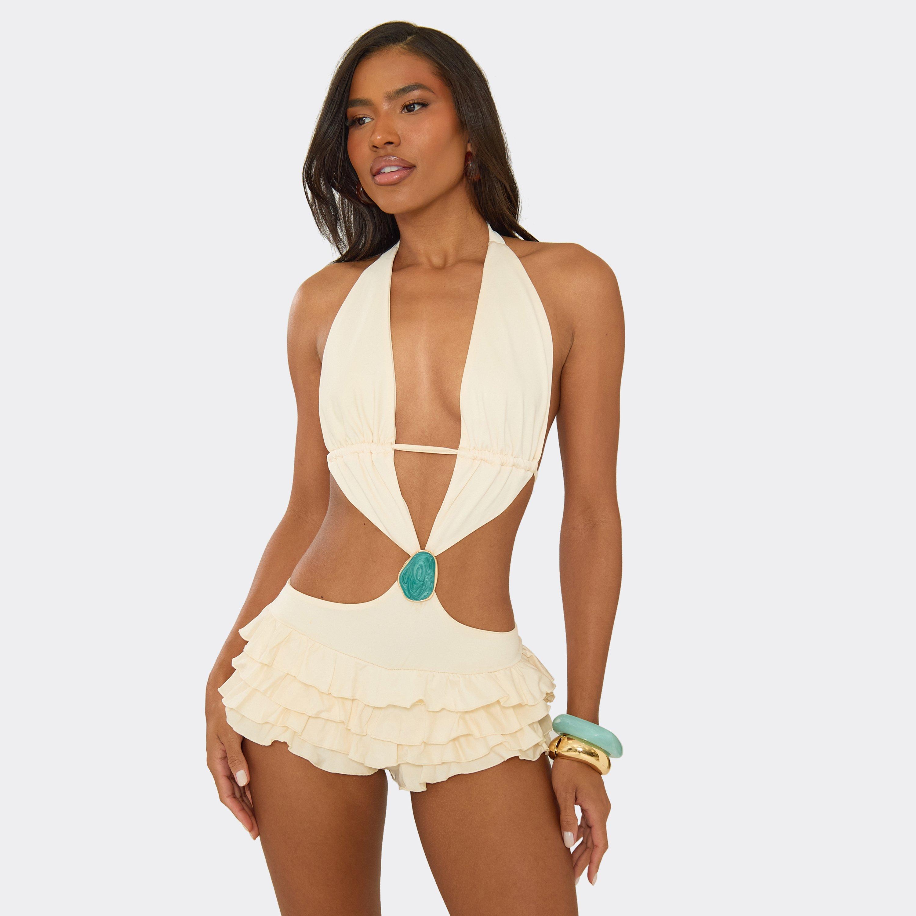 Halterneck Trim Detail Cut Out Frilled Micro Playsuit In Cream, Women's Size UK 14