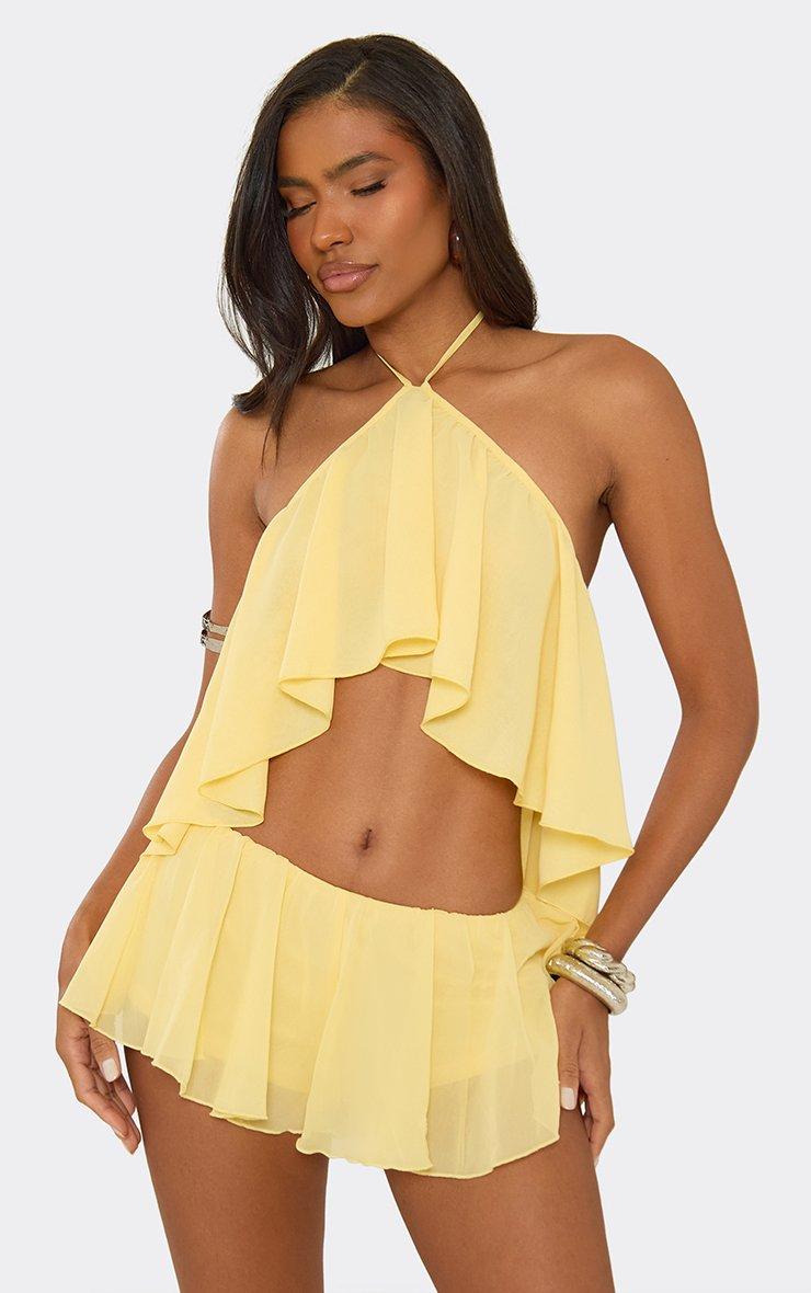 Halterneck Frilled Detail Open Back Top In Lemon. | EGO US | EGO