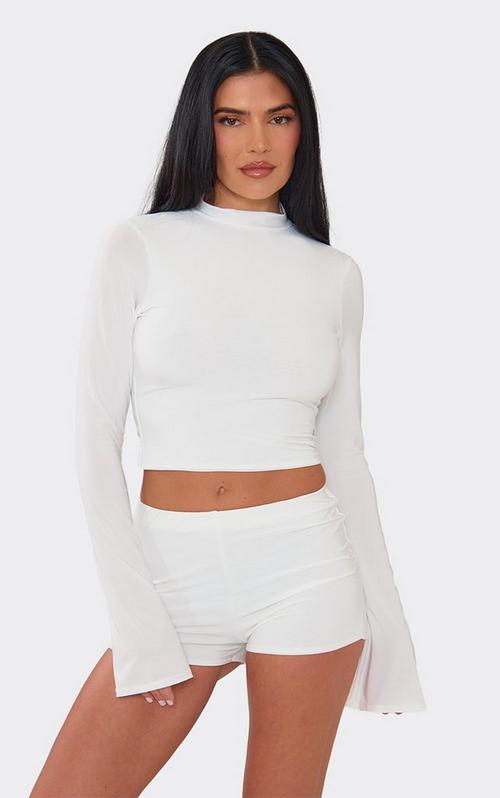 High Neck Short Sleeve Keyhole Cut Out Crop Top In Cream Texture