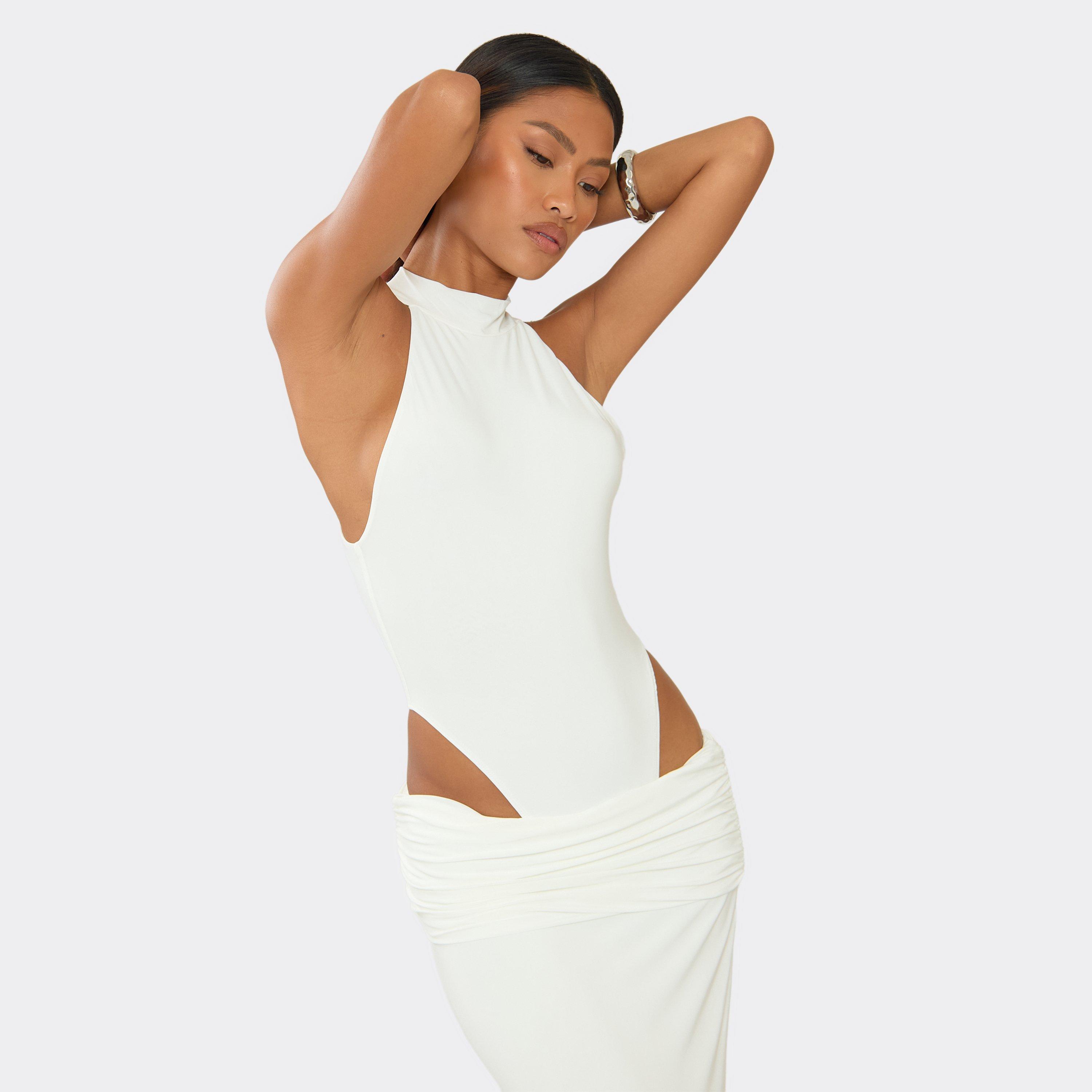 High Collar Racer High Leg Bodysuit In White Slinky, Women’s