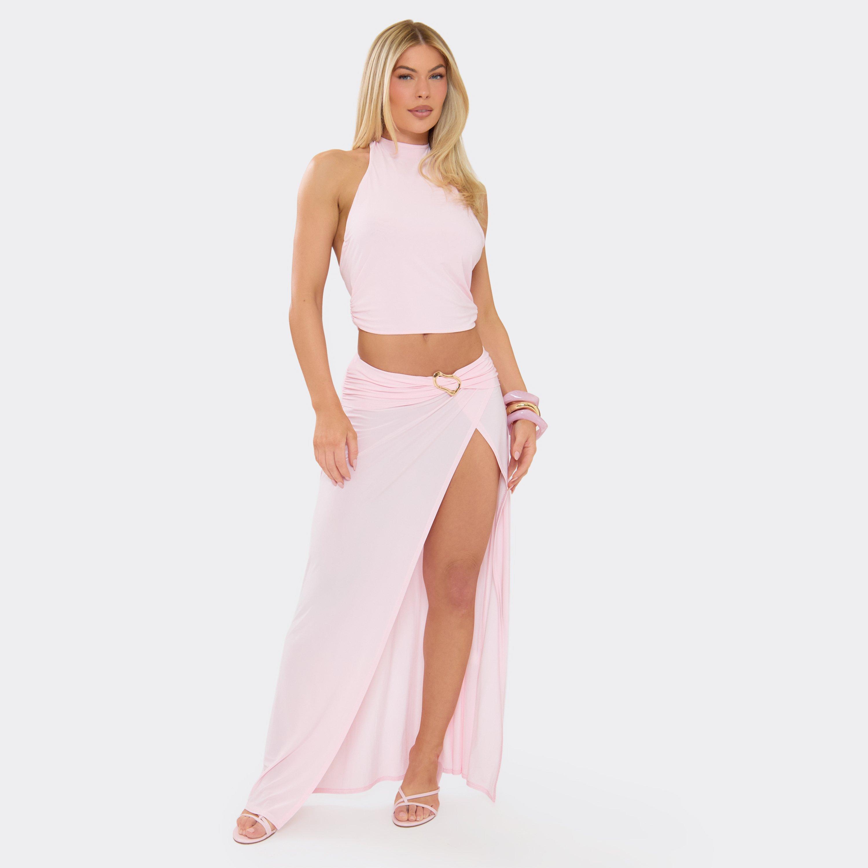 Low Waist Trim Detail Split Leg Maxi Skirt In Pink, Women’s