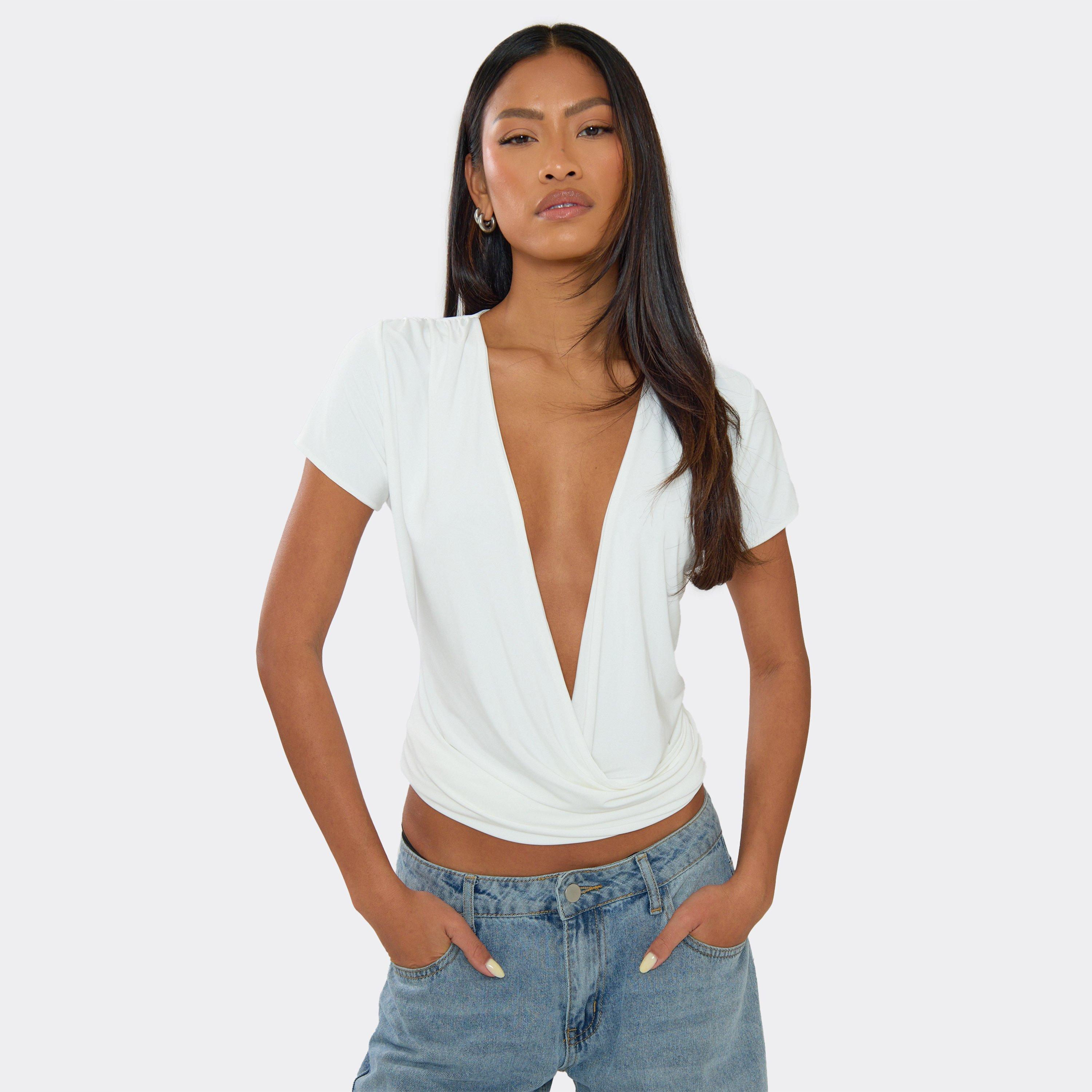 Image of Cap Sleeve Cowl Front Top In White Slinky, Women's