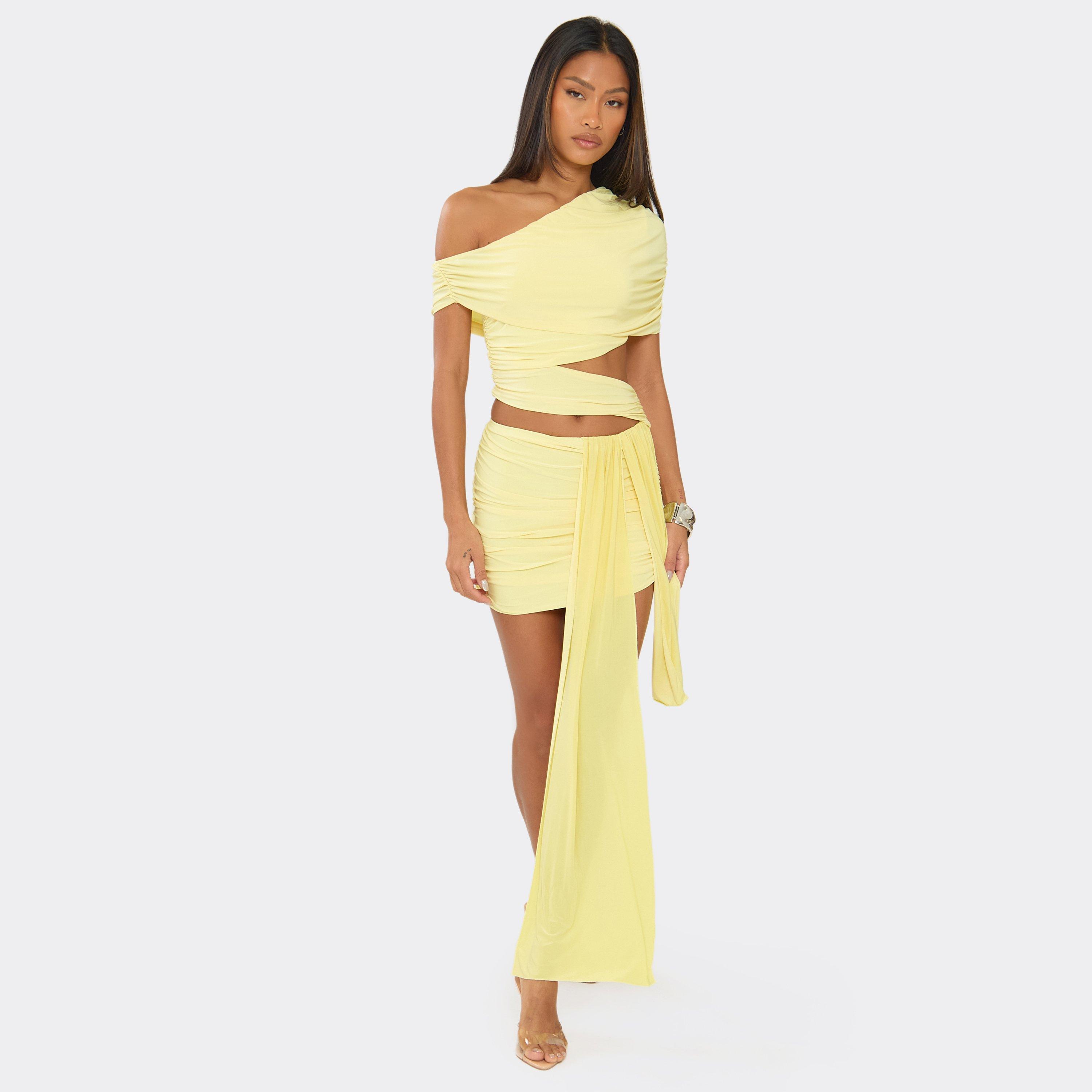 Off The Shoulder Cut Out Drape Detail Mini Dress In Lemon Yellow, Women's Size UK 10