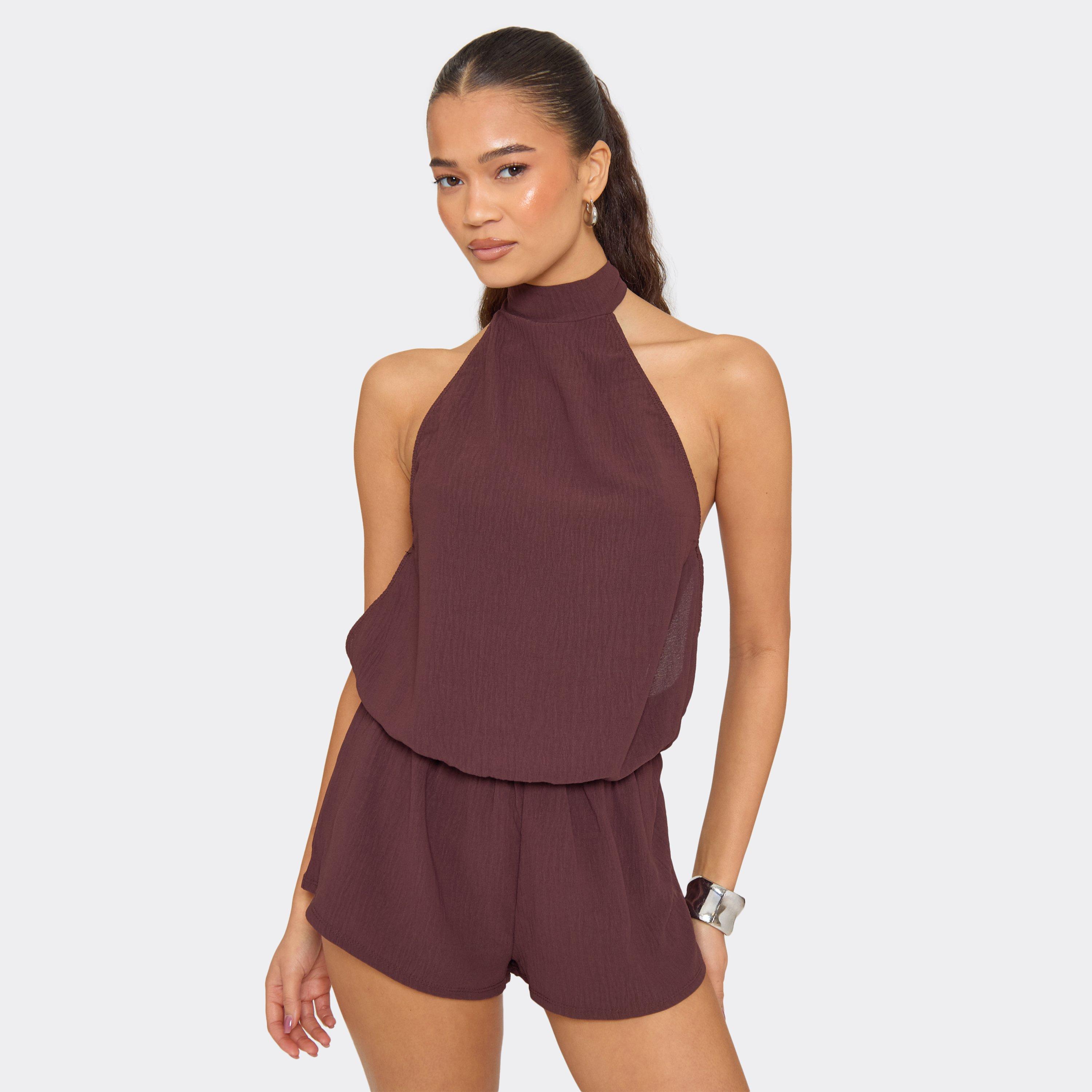 Image of High Neck Cut Out Side Open Back Playsuit In Chocolate Brown, Women's
