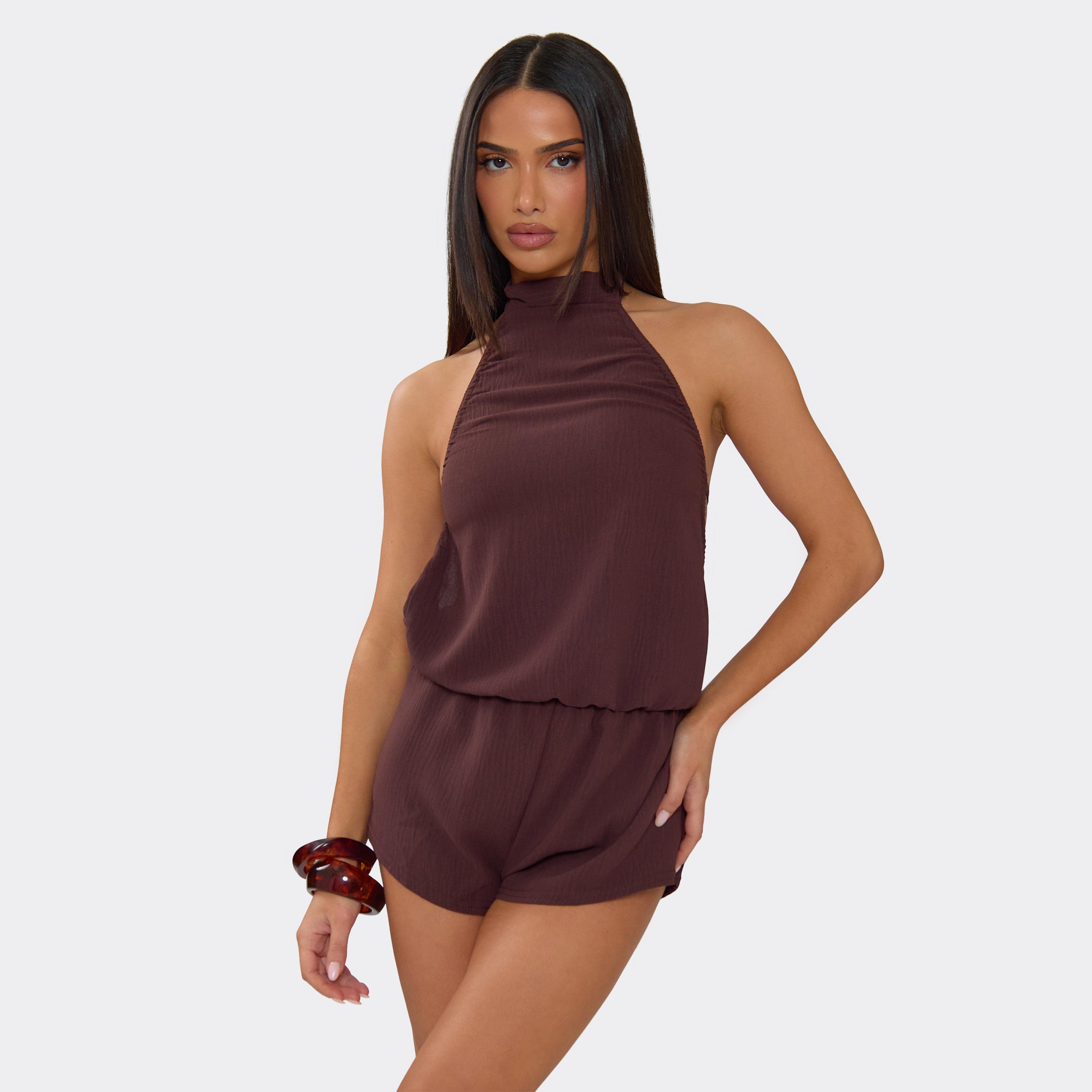 Halterneck Keyhole Cut Out Mini Dress In Brown, Women’s