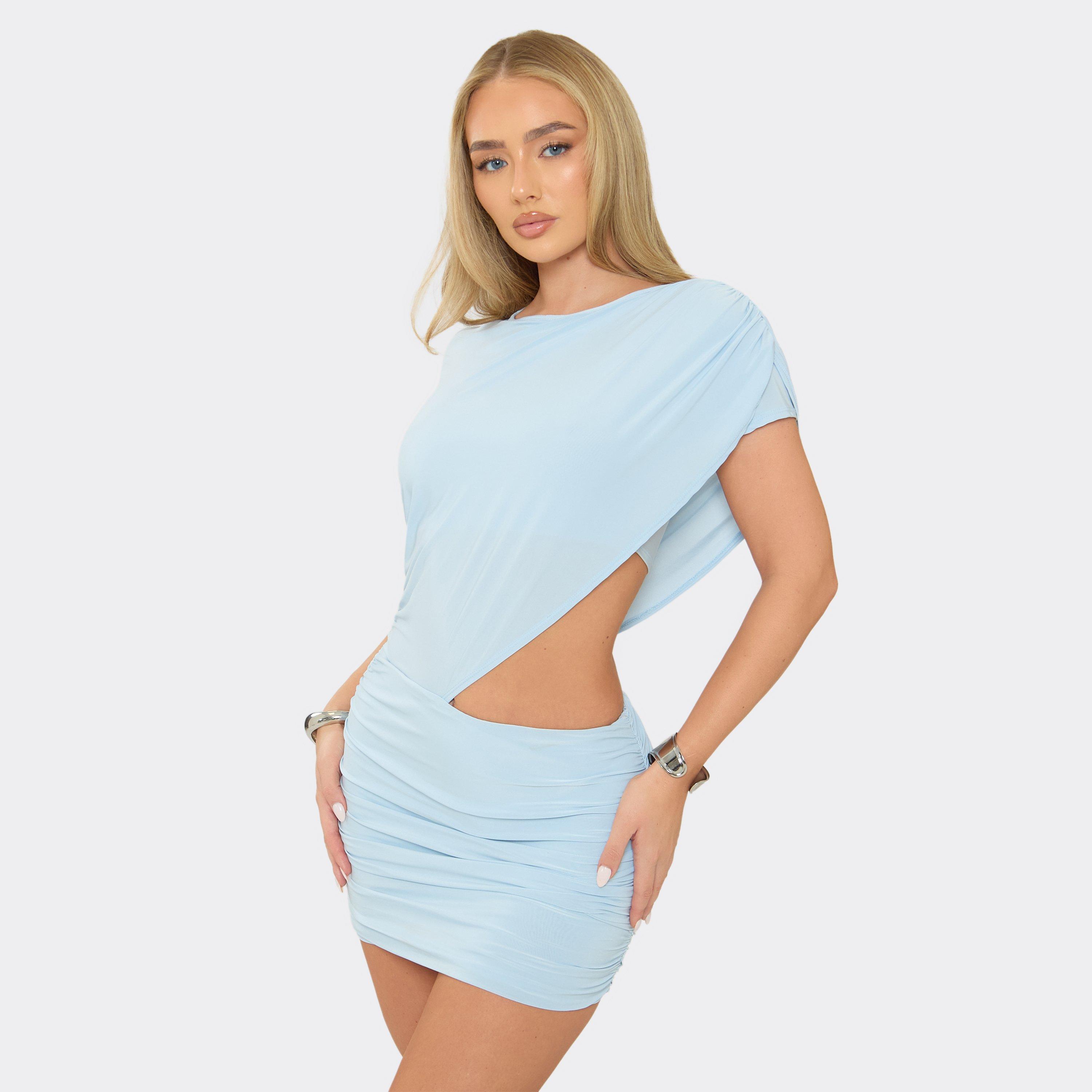 Short Sleeve Drape Shoulder Cut Out Mini Dress In Baby Blue Slinky, Women’s