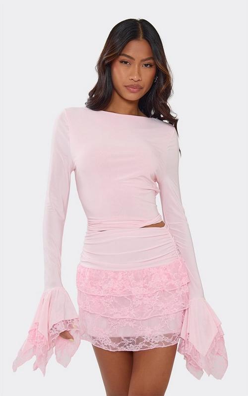 Long Sleeve Frill Detail Lace Up Front Crop Top In Black Lace