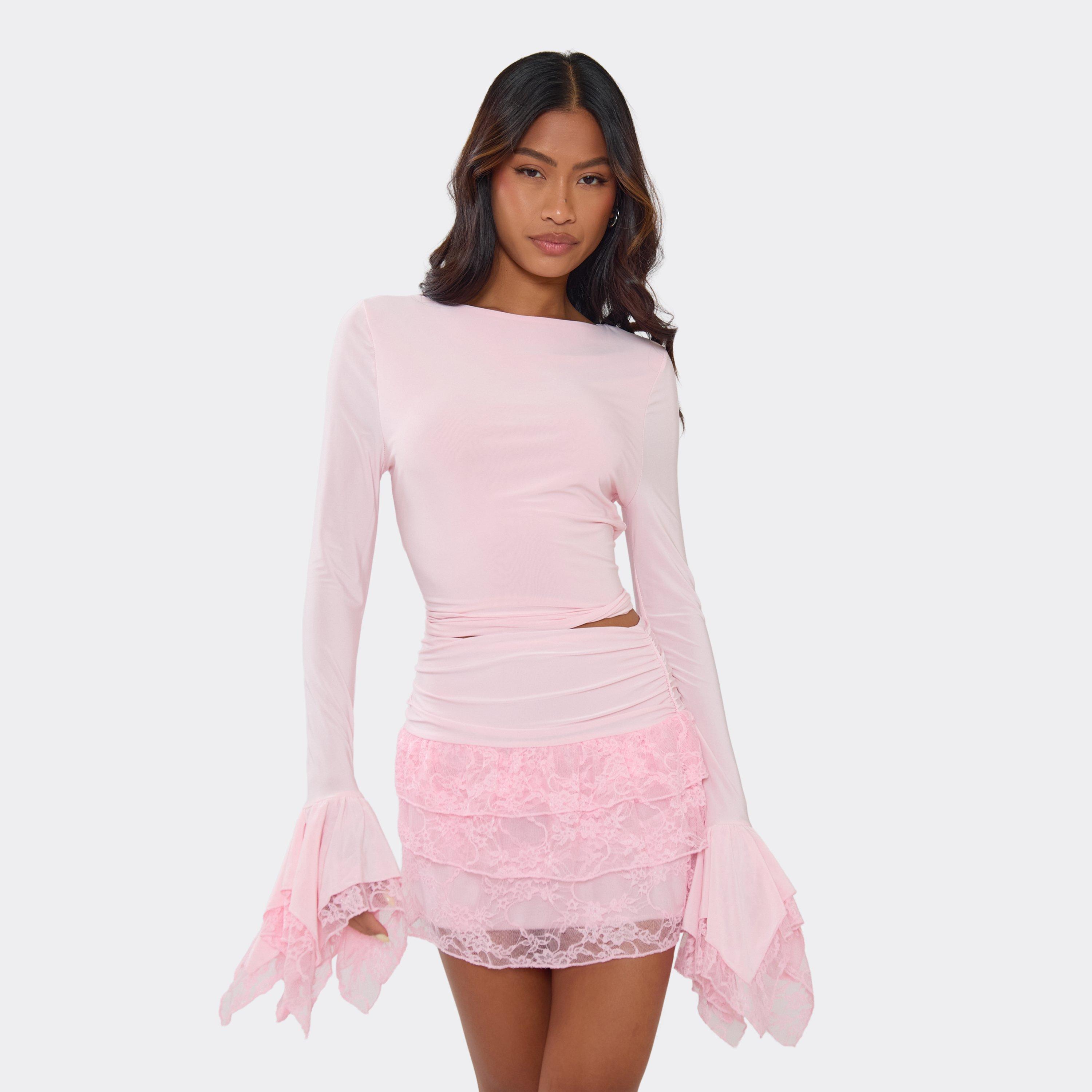 Image of Long Bell Sleeve Lace Trim Top In Pink, Women's