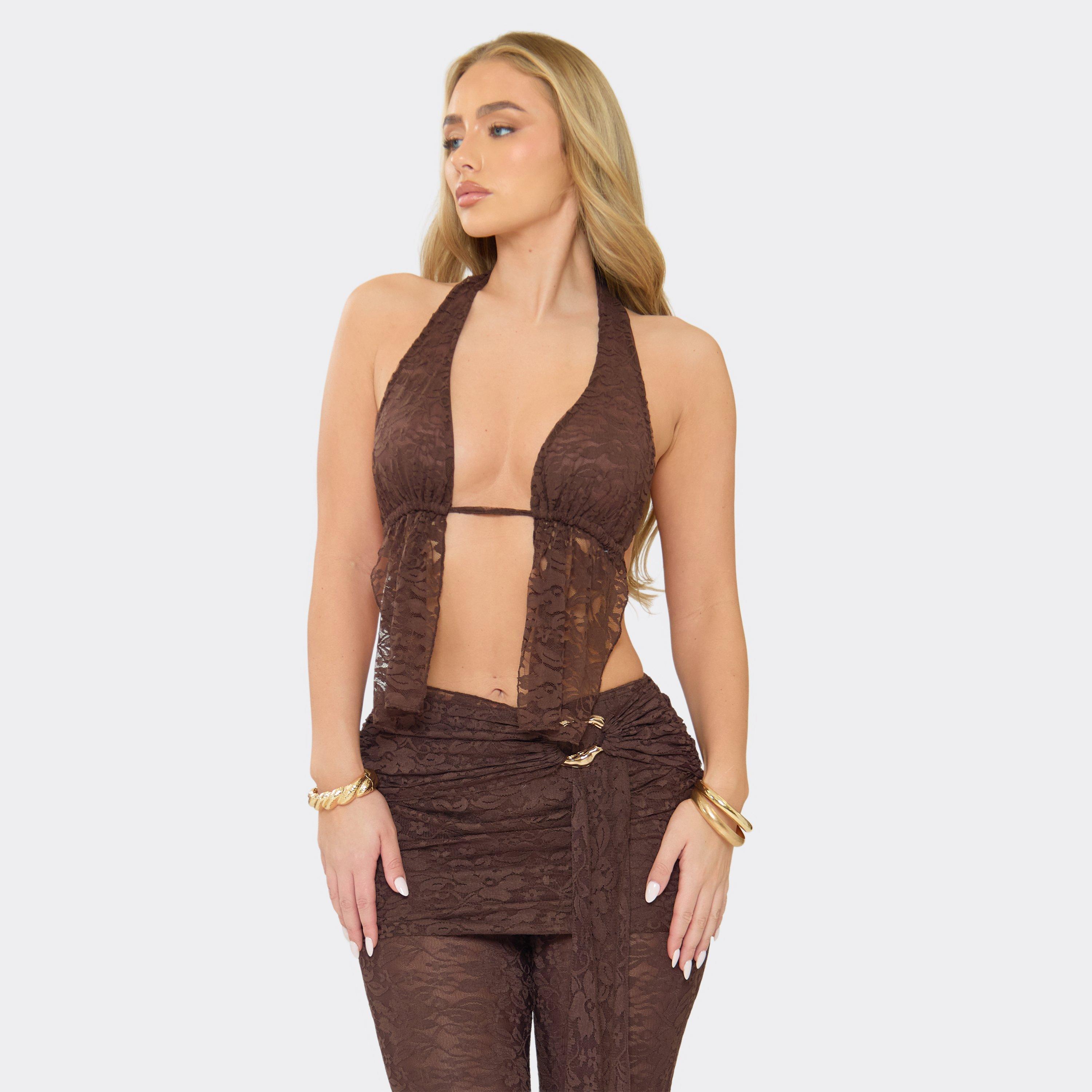 Image of Halterneck Open Back Top In Chocolate Brown Lace, Women's