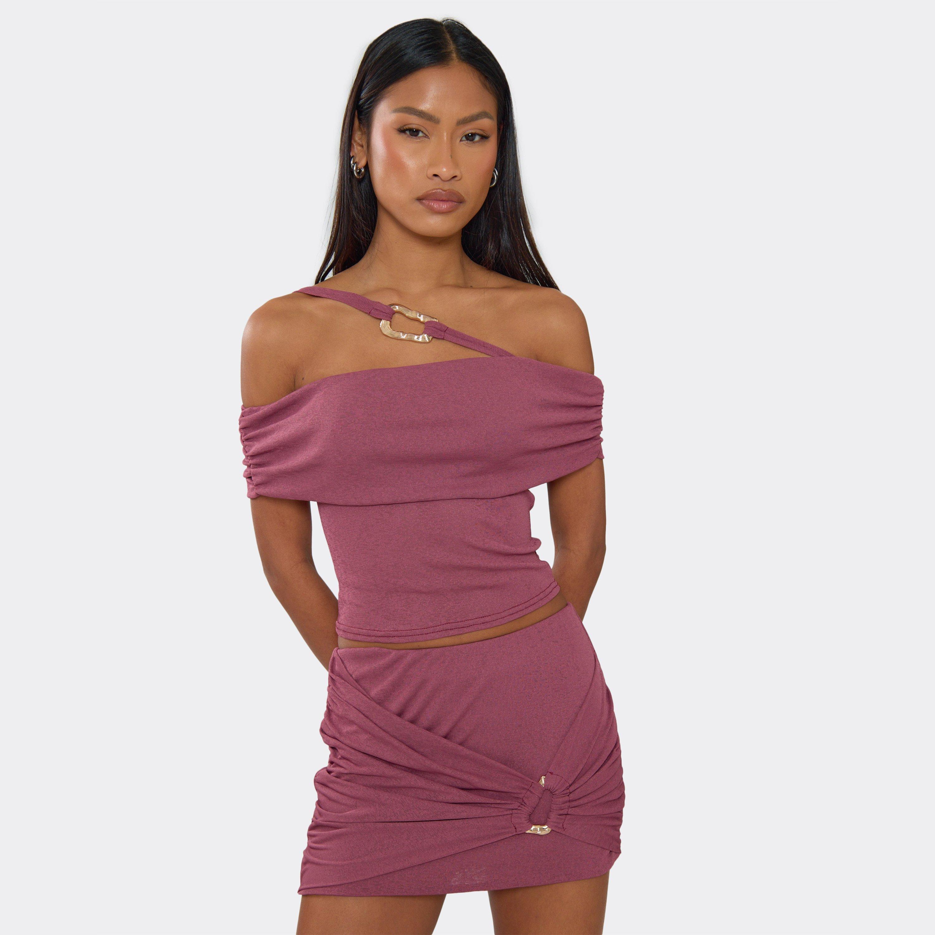 Off The Shoulder Trim Detail Crop Top In Purple, Women's Size UK 6