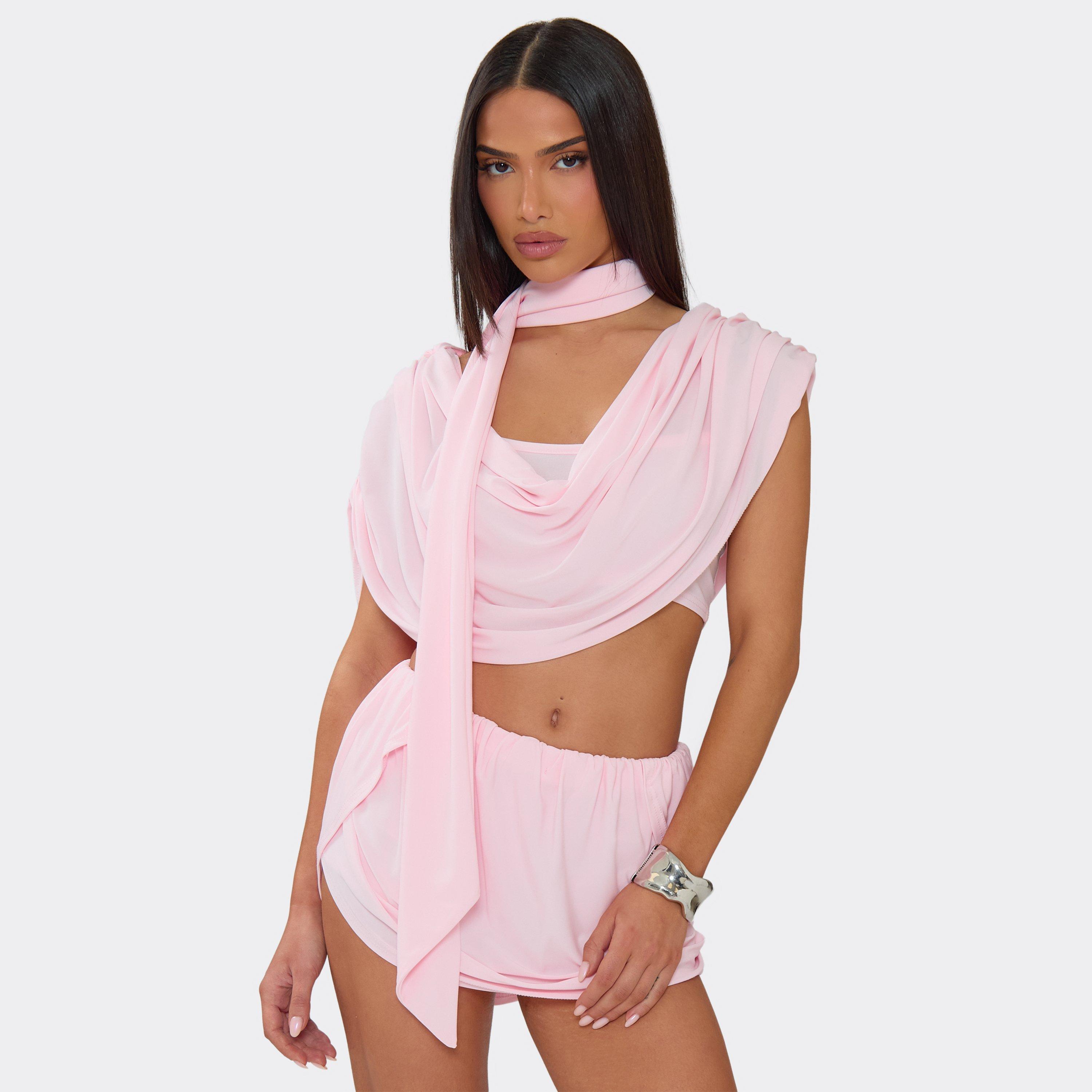 Image of Cowl Neck Draped Detail Top With Scarf In Pink, Women's