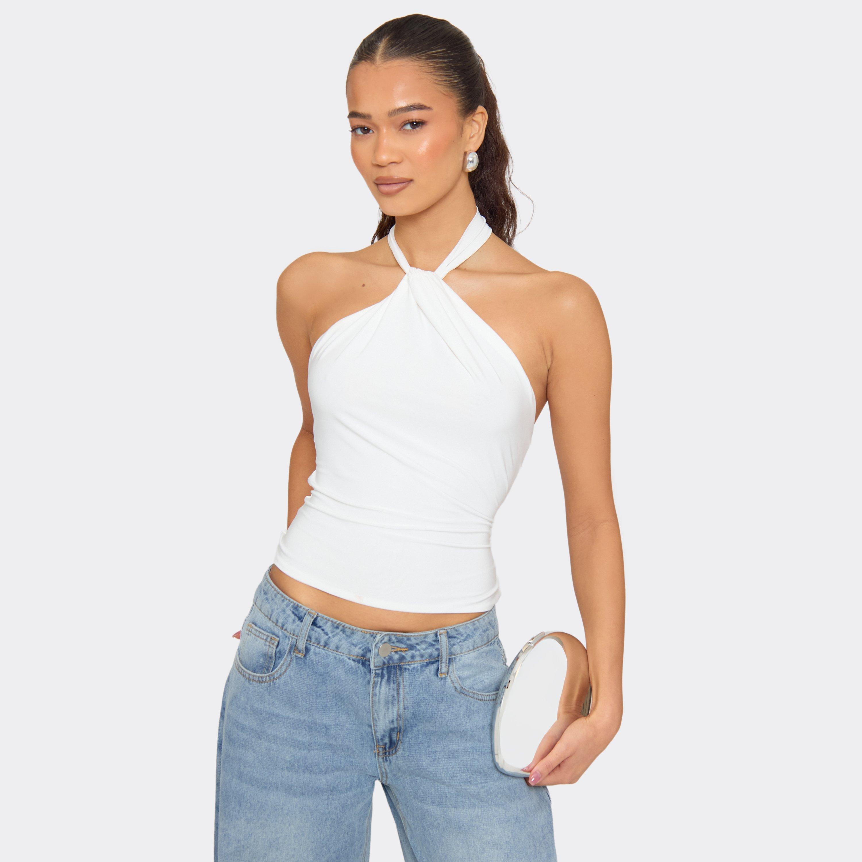 Halterneck Twist Knot Detail Open Back Top In White, Women's Size UK 6