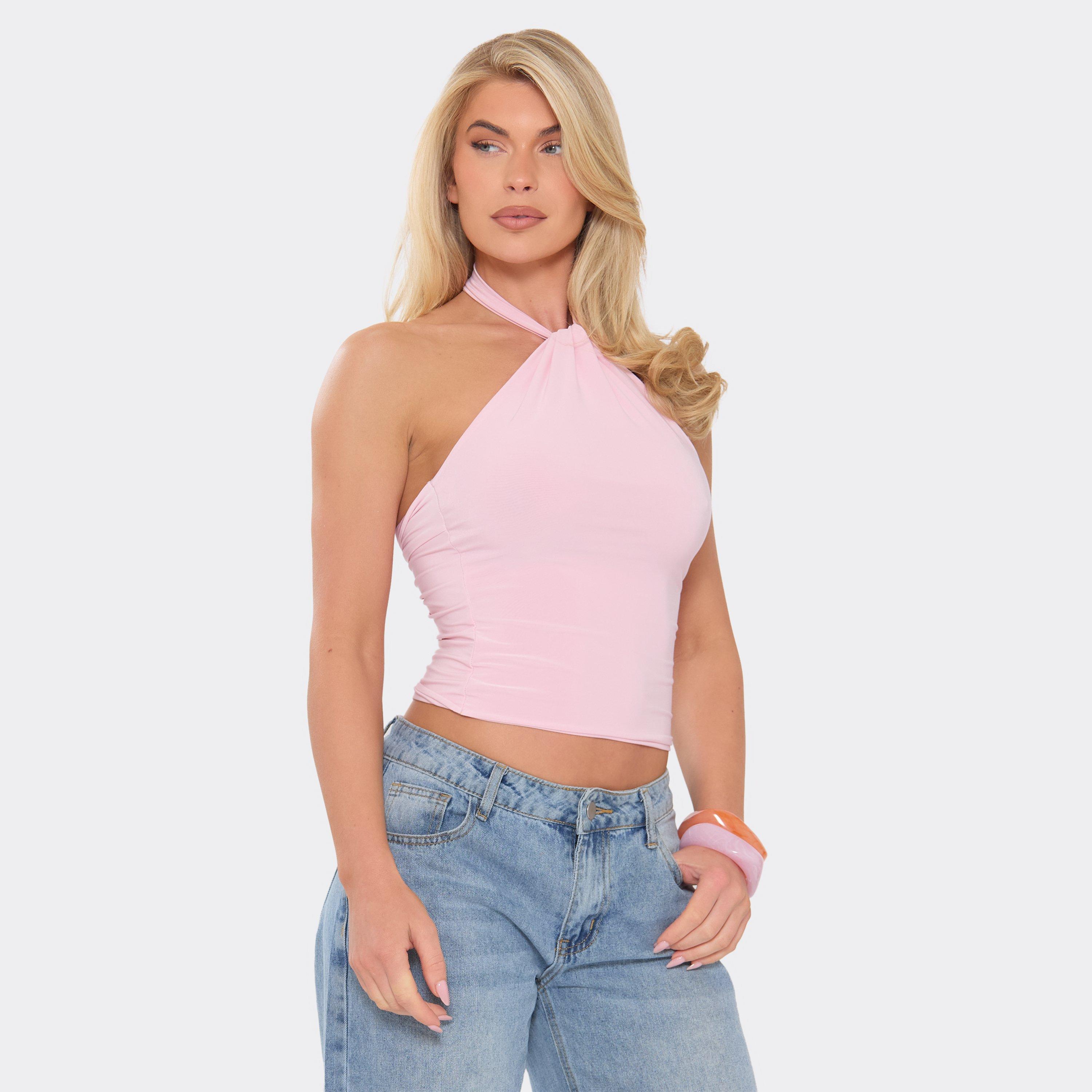 Image of Halterneck Twist Knot Detail Open Back Top In Baby Pink, Women's