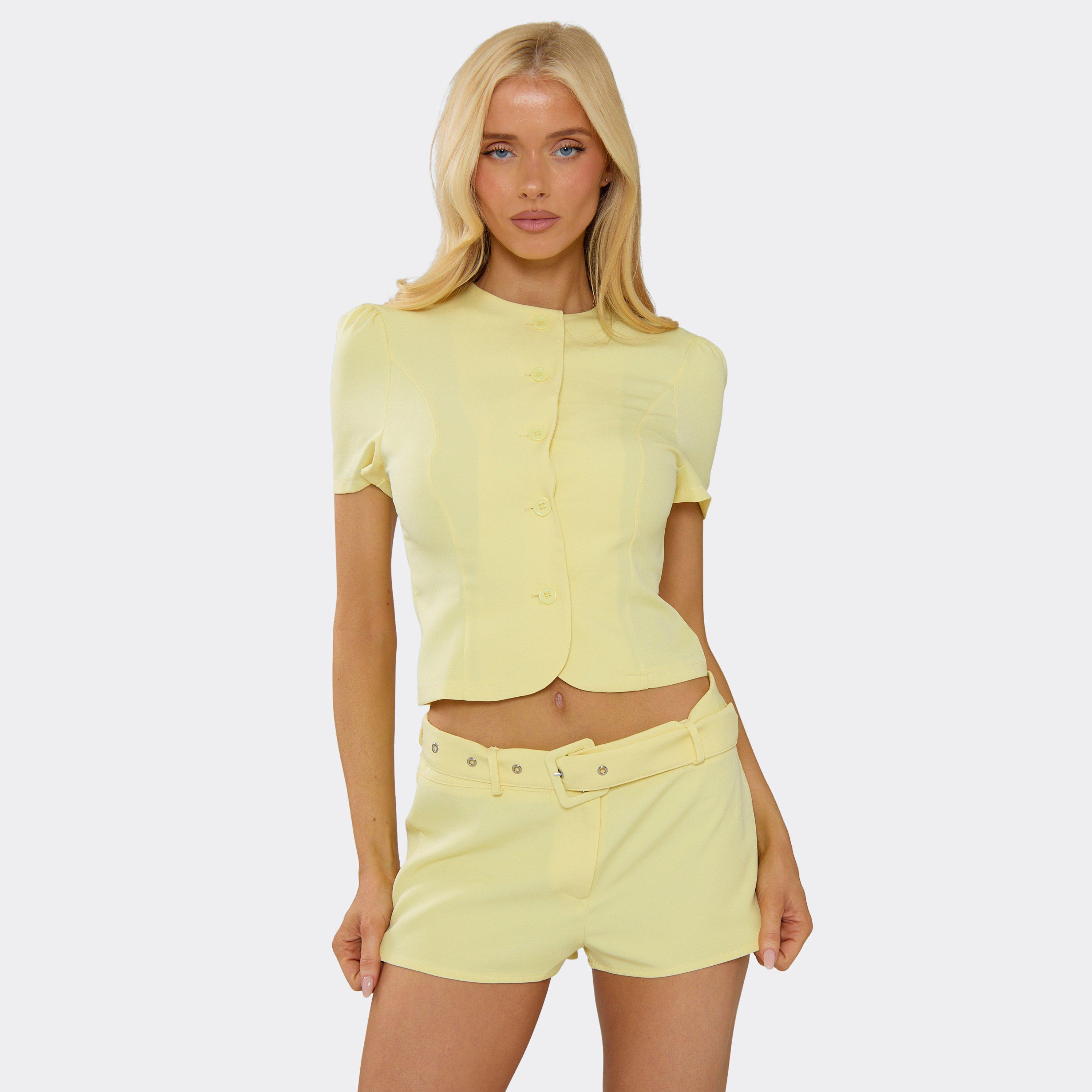 Image of Short Sleeve Button Up Front Tailored Top In Yellow, Women's