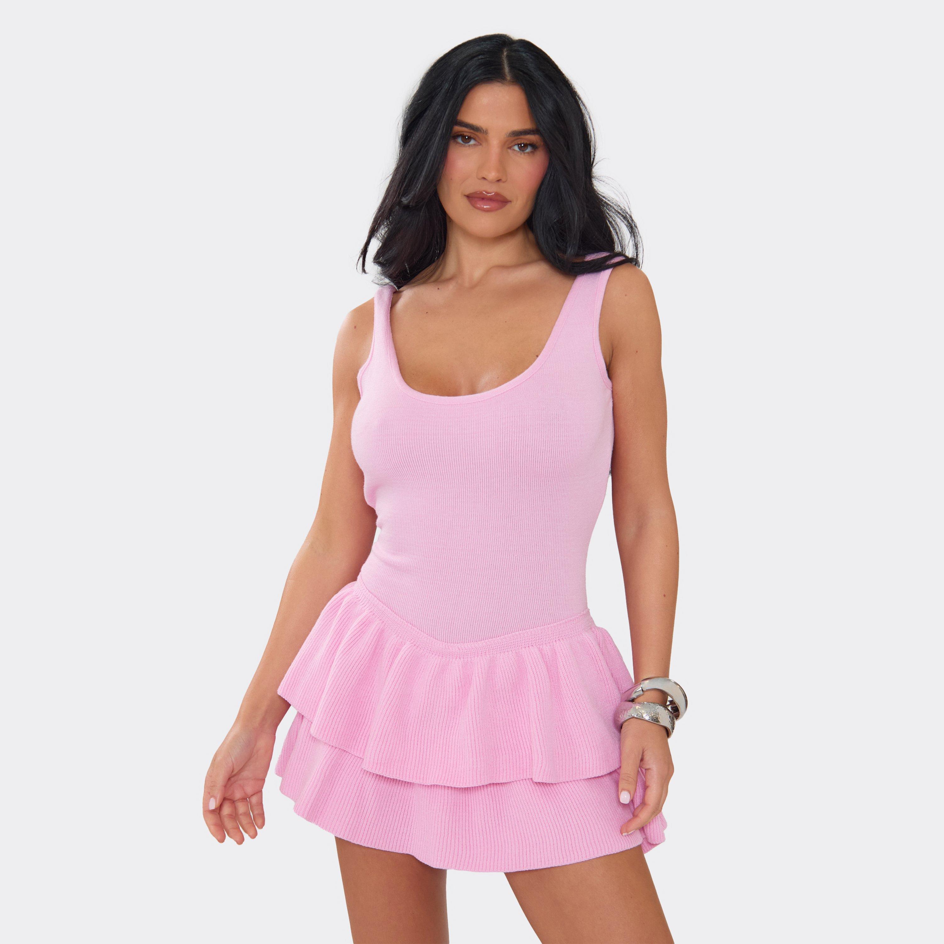 Scoop Neck Tiered Ruffle Detail Playsuit In Baby Pink Knit, Women's Size UK S