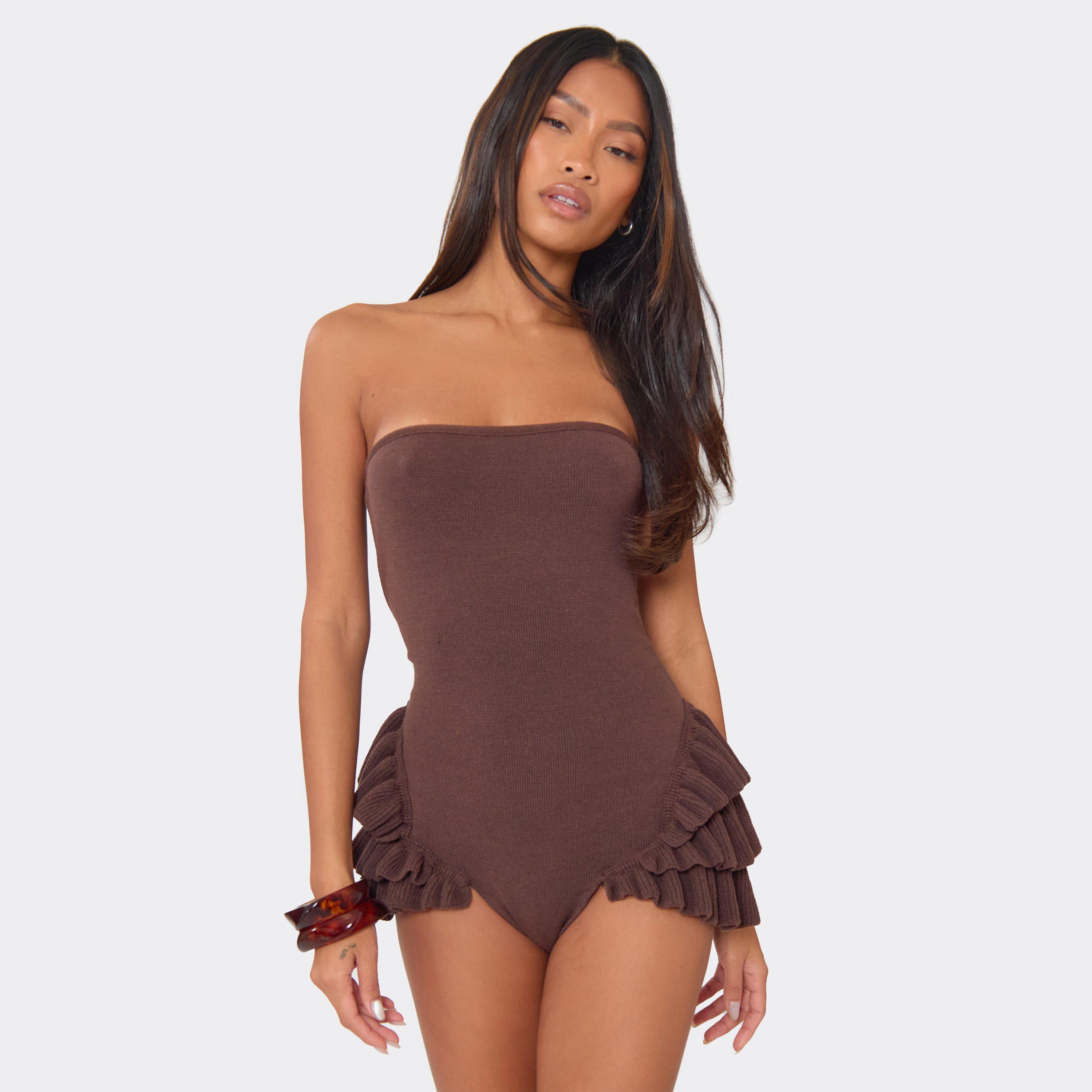 Bandeau Frill Side Playsuit In Chocolate Brown Knit, Women's Size UK M