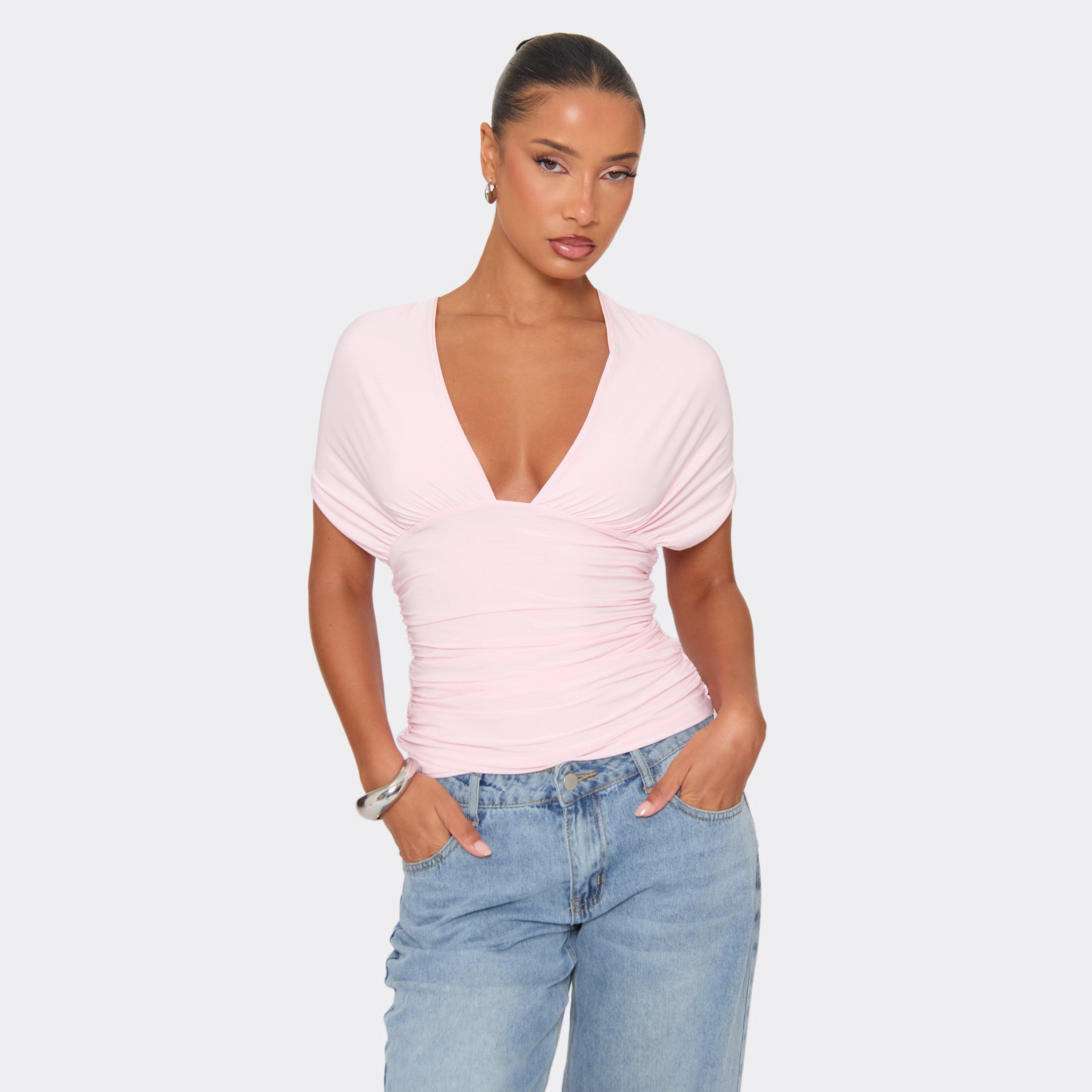 Image of Short Sleeve Plunge Front Tie Back Detail Top In Pink Slinky, Women's