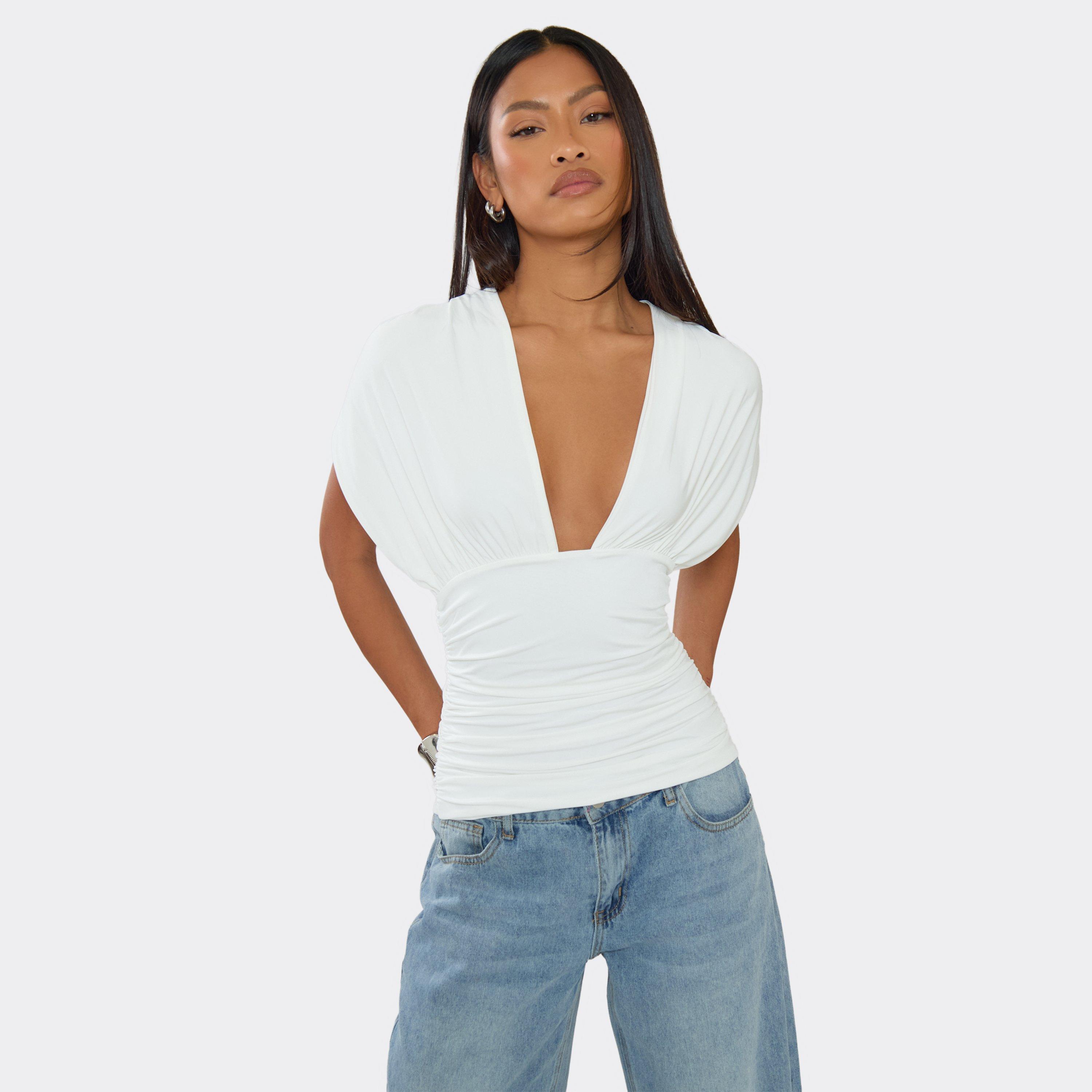 Image of Short Sleeve Plunge Front Tie Back Detail Top In White Slinky, Women's