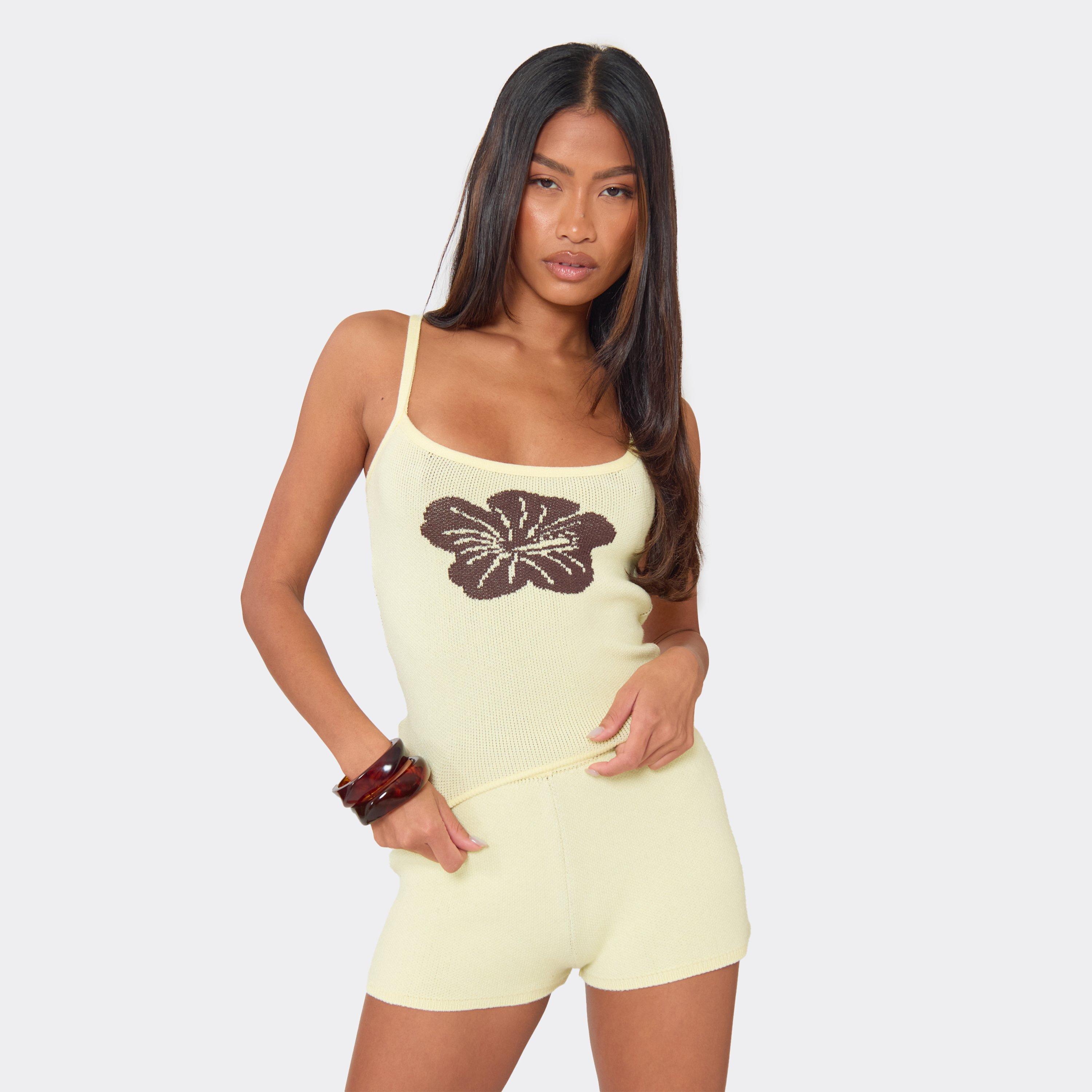 Image of Scoop Neck Floral Detail Strappy Top In Lemon Yellow Knit, Women's Size UK L