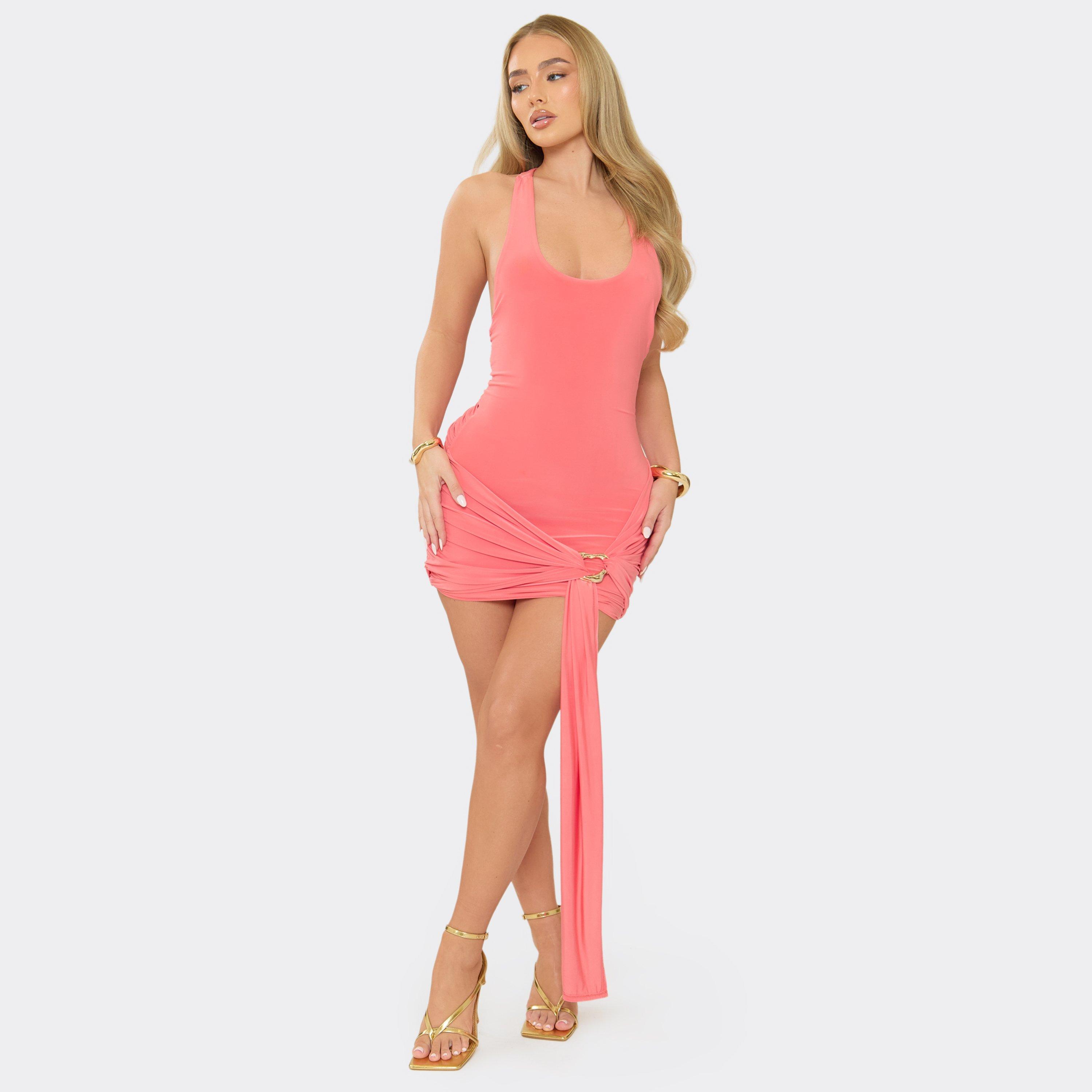 Sleeveless Low Racer Back Drape Trim Mini Dress In Coral Slinky, Women's Size UK 6