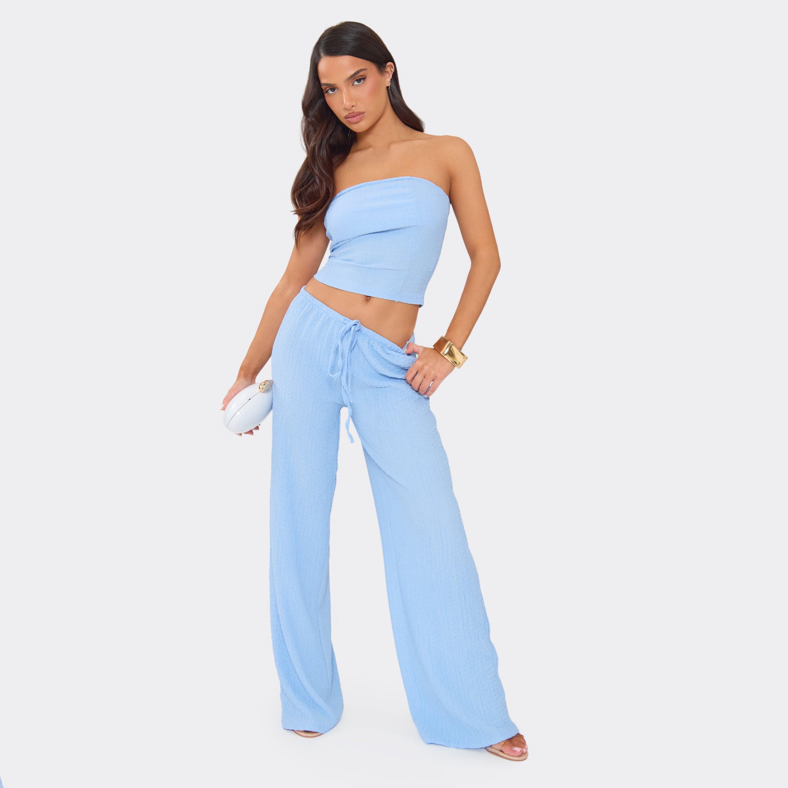 Low Rise Drawstring Waist Straight Leg Trousers In Blue, Women’s