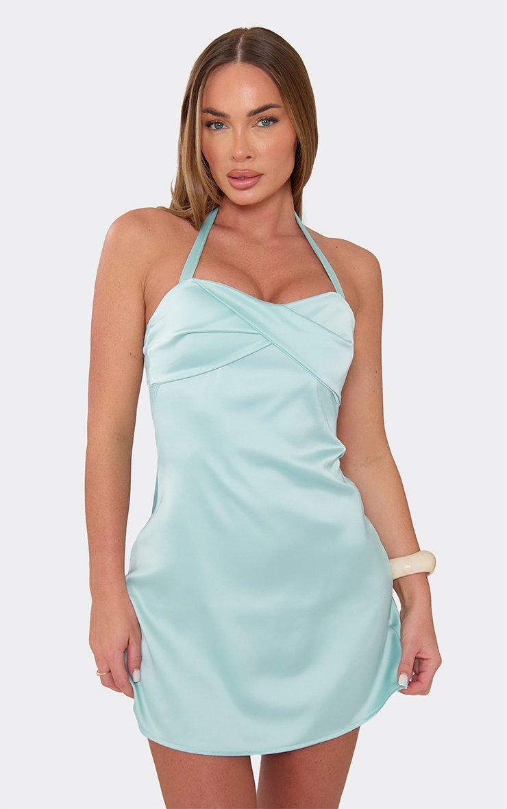princess polly baby blue dress Halterneck Twisted Front Mini Dress In Mint Green Satin | EGO US