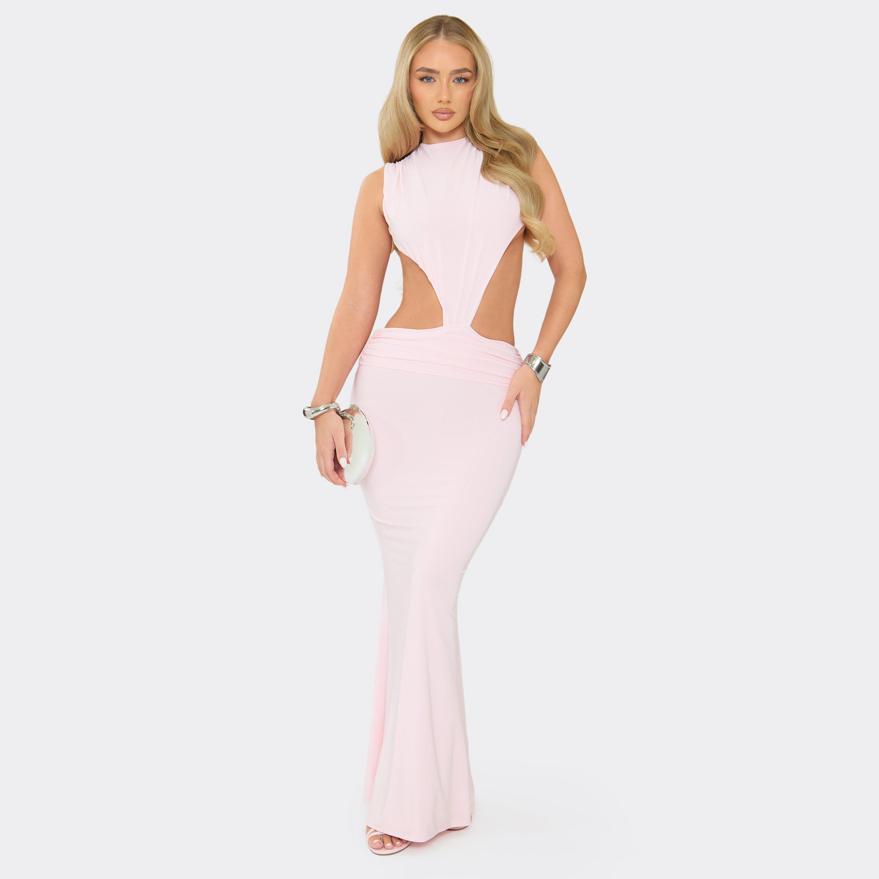 Sleeveless Cut Out Open Back Detail Ruched Maxi Dress In Baby Pink, Women’s
