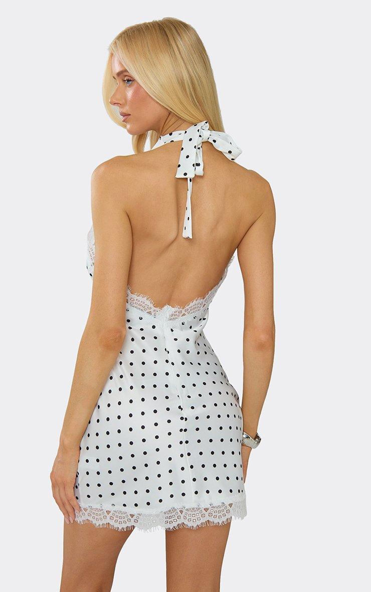 Cowl Halterneck Lace Trim Mini Dress In White Polka Dot, Women's Size US 2 - EGO