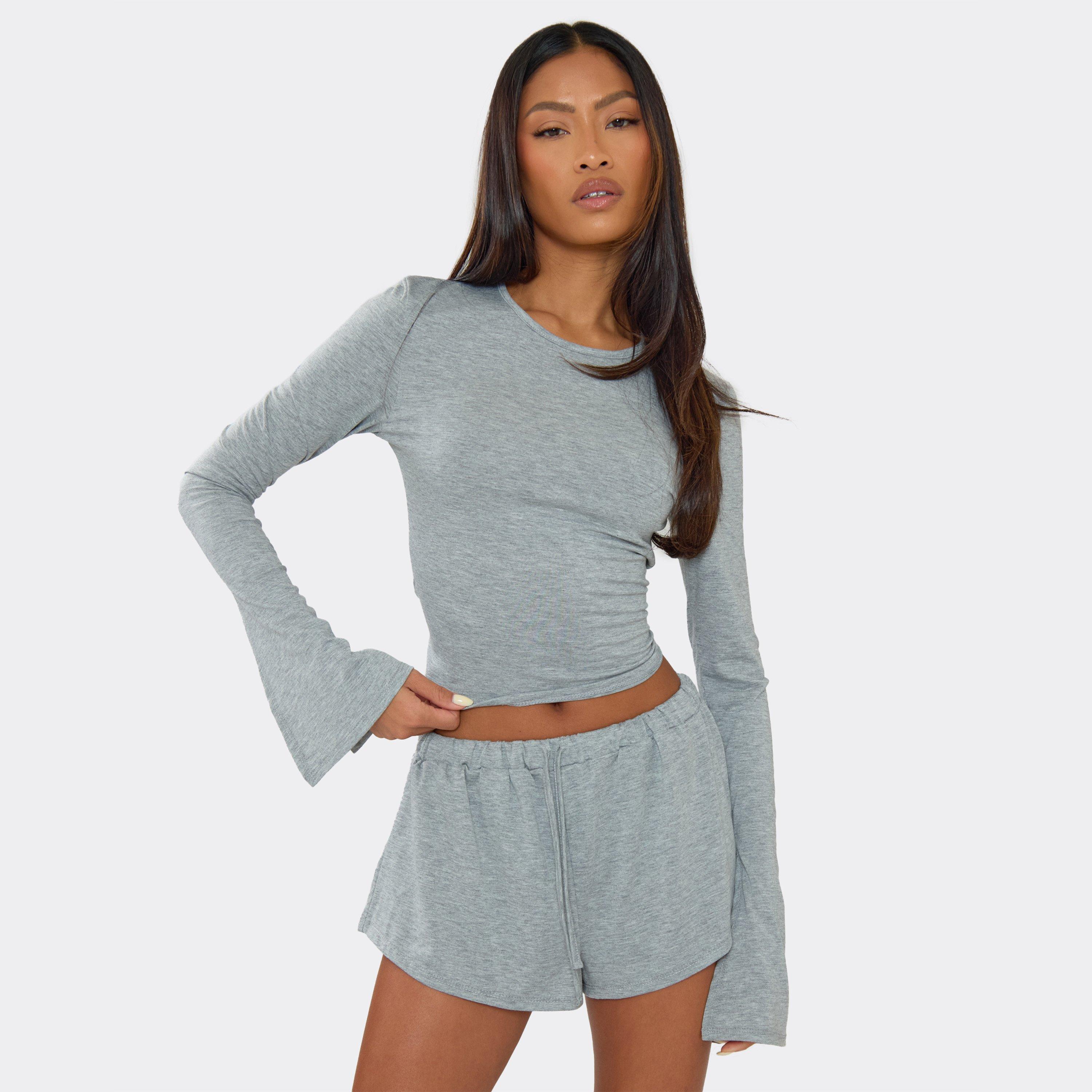 Long Flared Sleeve Scoop Neck Top In Grey, Women's Size UK 14