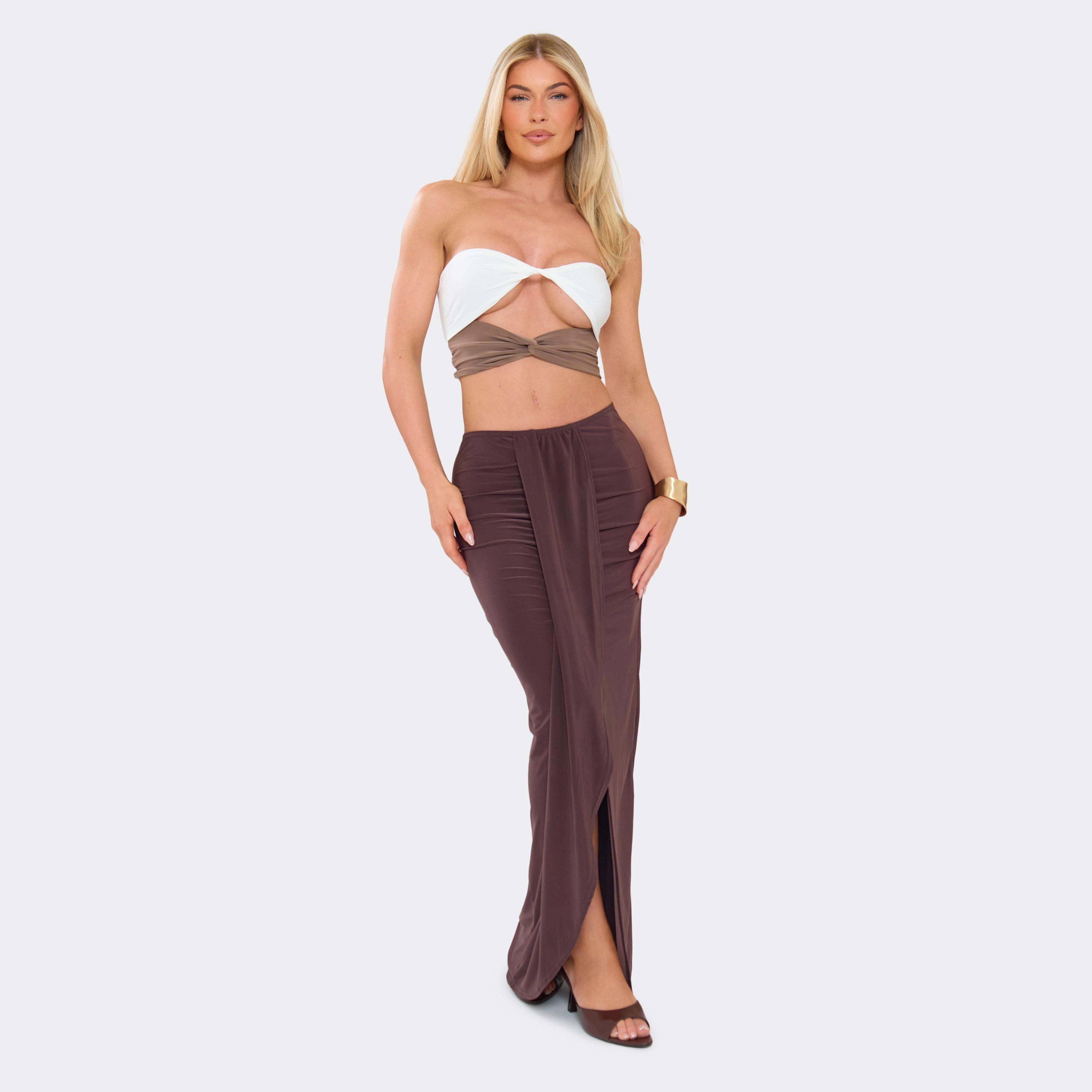 Front Drape Detail Maxi Skirt In Chocolate Brown, Women’s