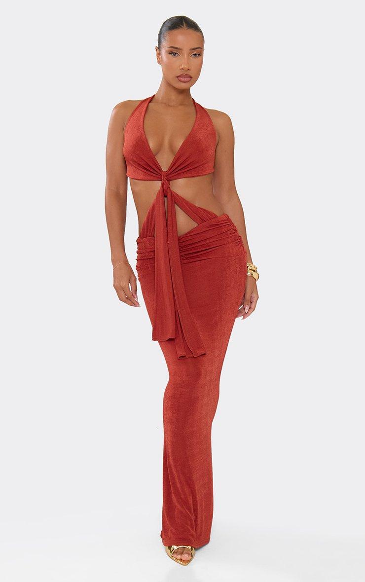 Plunge Halterneck Tie Front Cut Out Maxi Dress In Orange | EGO US | EGO