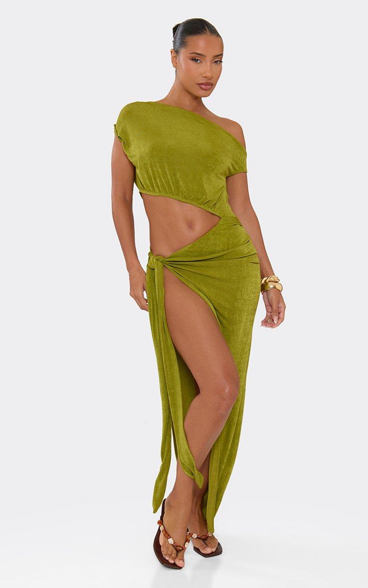 Off The Shoulder Cut Out Tie Side Maxi Dress In Green, Women's Size US 6 - EGO