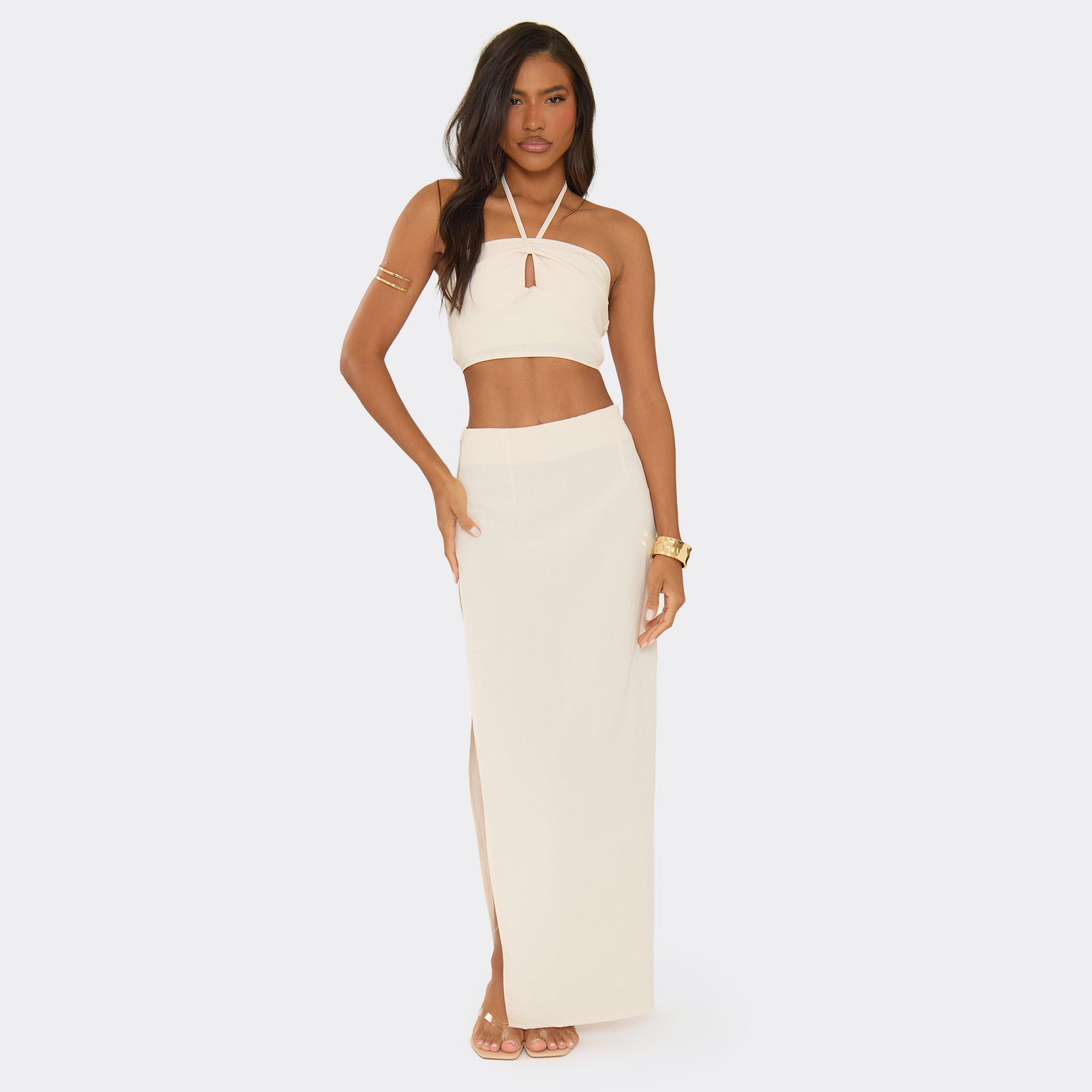 Mid Rise Split Leg Maxi Skirt In Stone Linen Look, Women’s