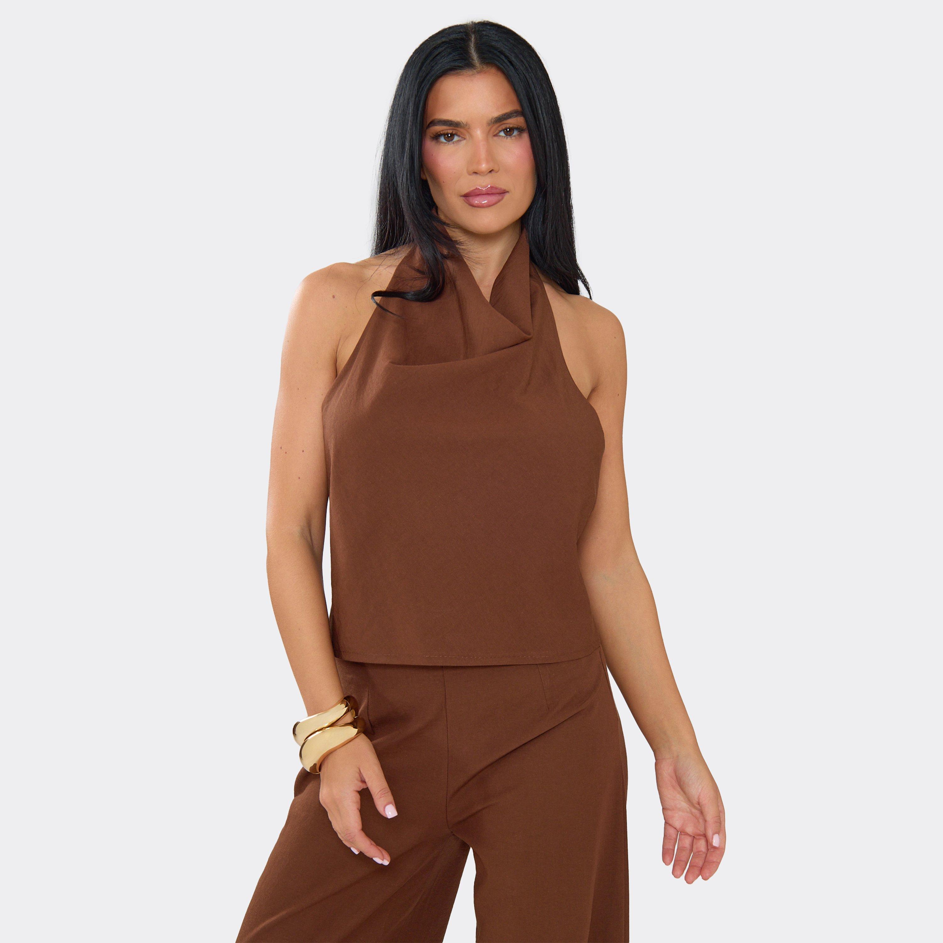 Cowl Halterneck Top In Brown Linen Look, Women's Size UK 10