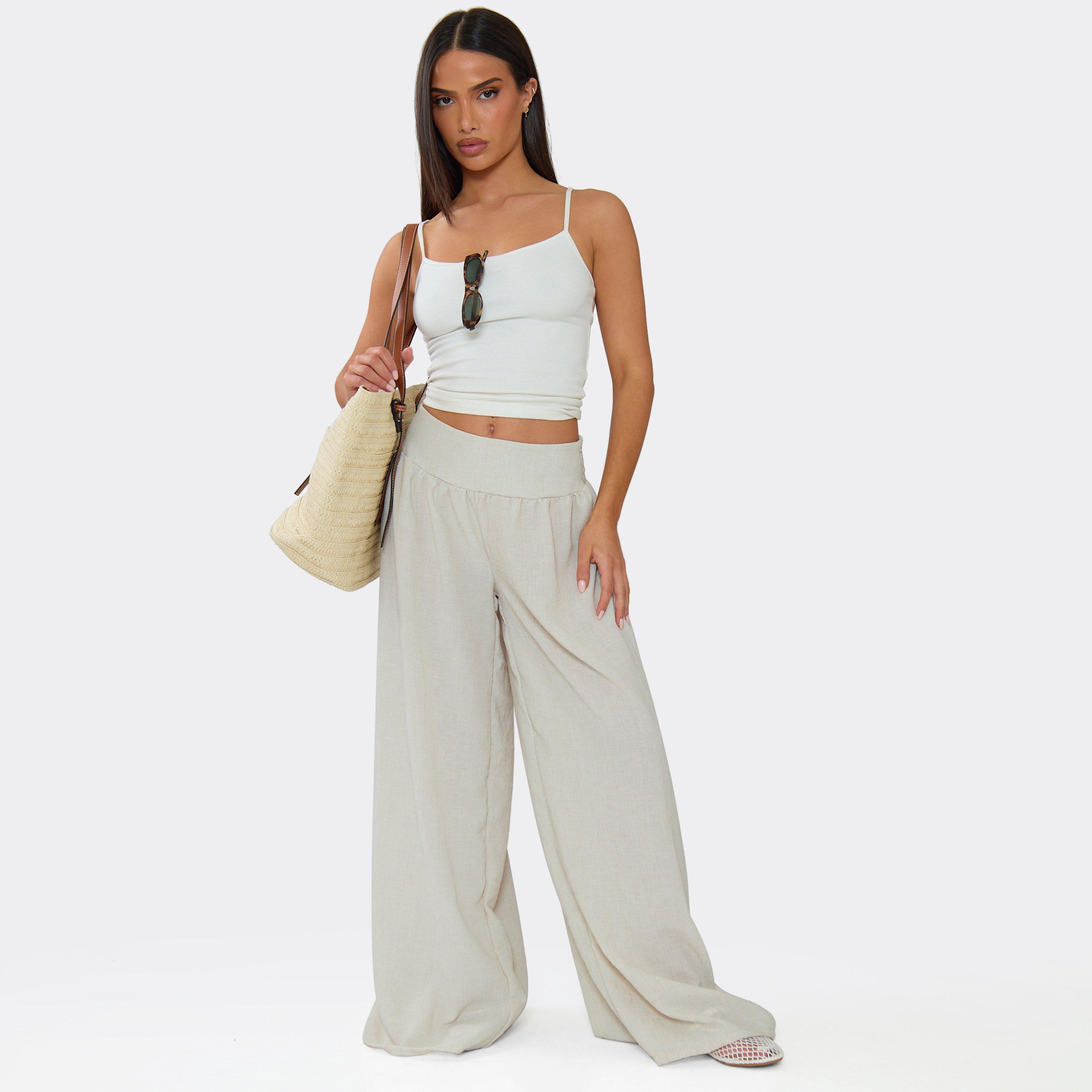 Image of Mid Rise Shirred Waist Wide Leg Linen Look Trousers In Stone, Women's