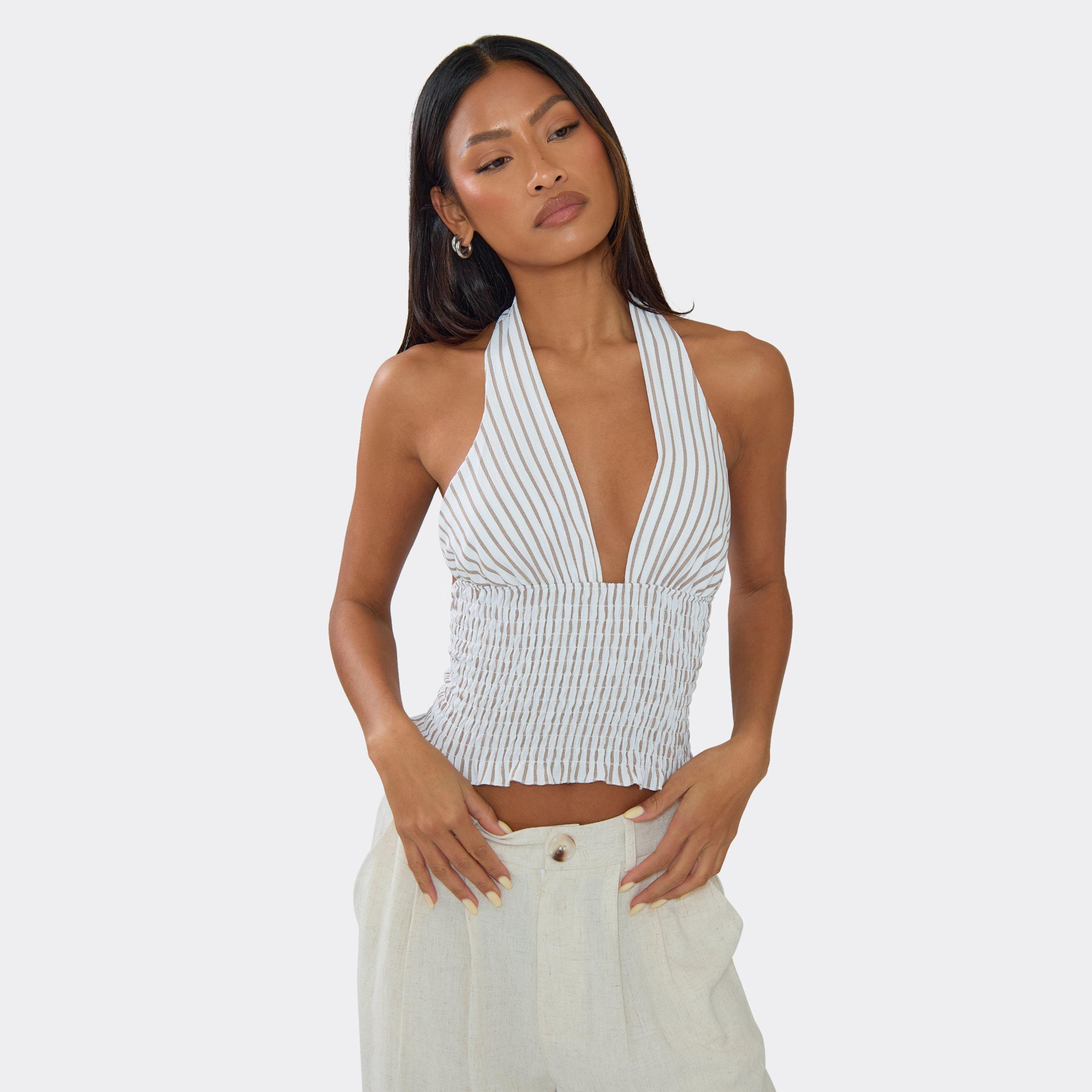 Image of Plunge Halterneck Shirred Waist Top In Stone Pinstripe, Women's