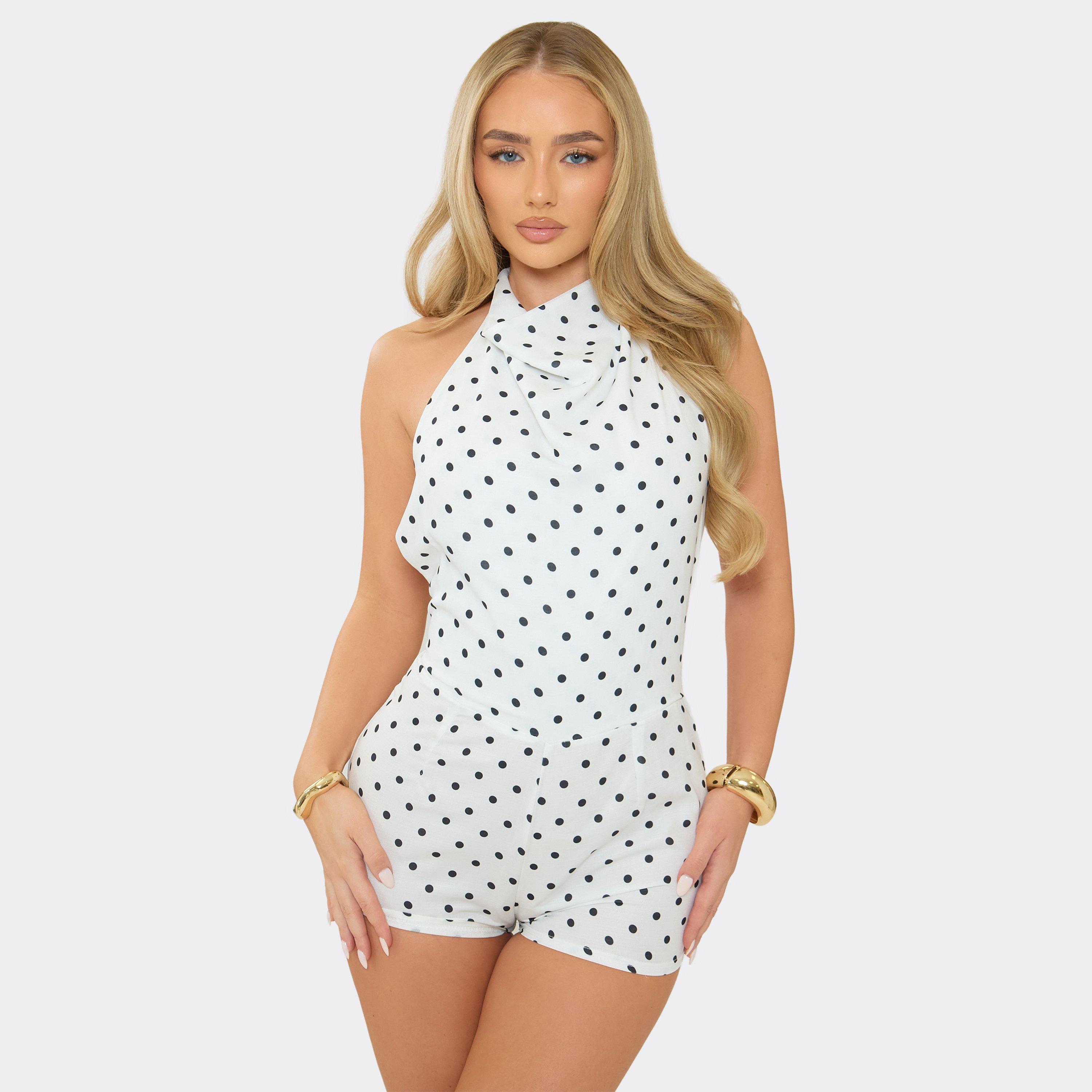 Image of High Cowl Neck Tie Back Playsuit In White Polka Dot, Women's