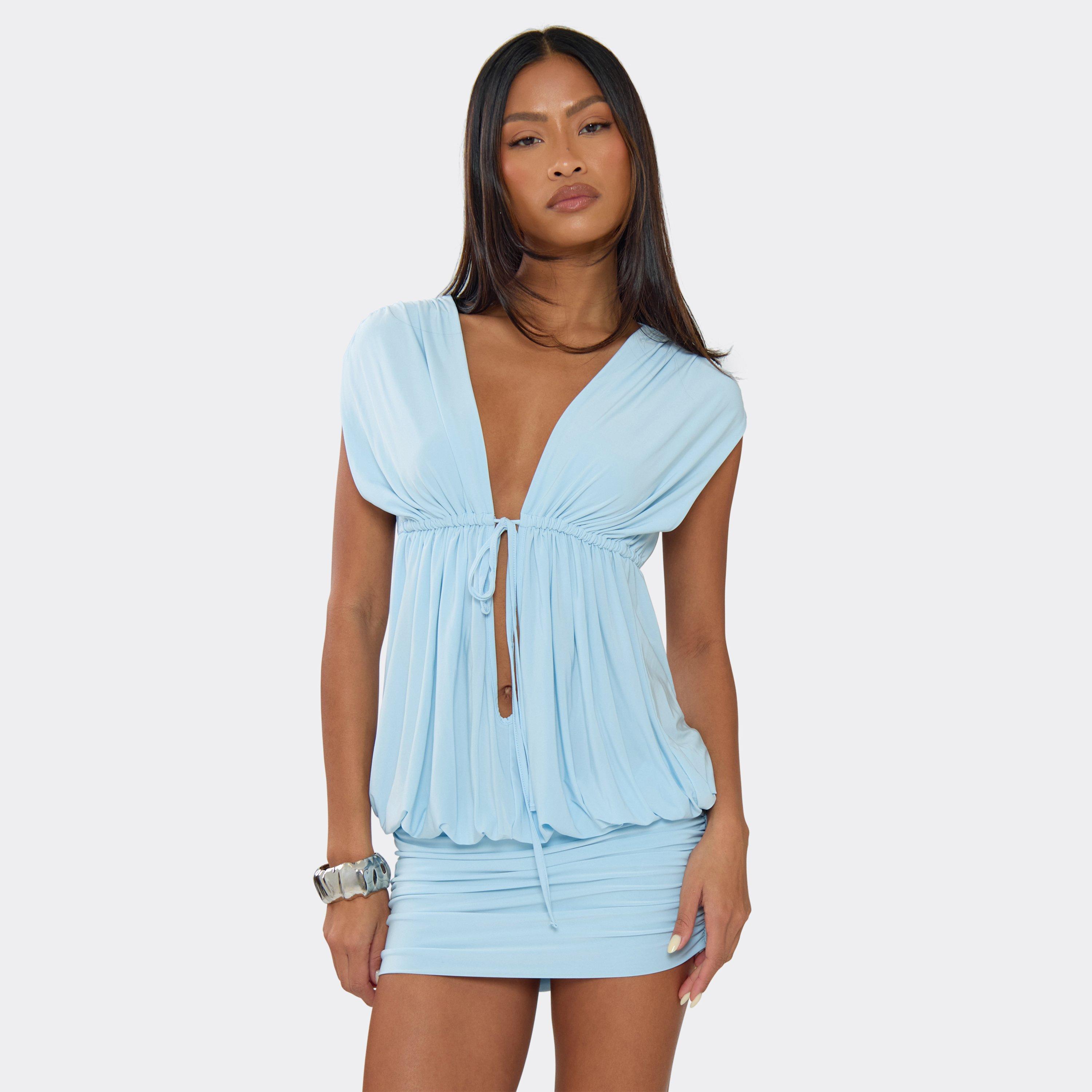 Plunge Neck Short Sleeve Tie Front Ruched Mini Dress In Blue, Women’s
