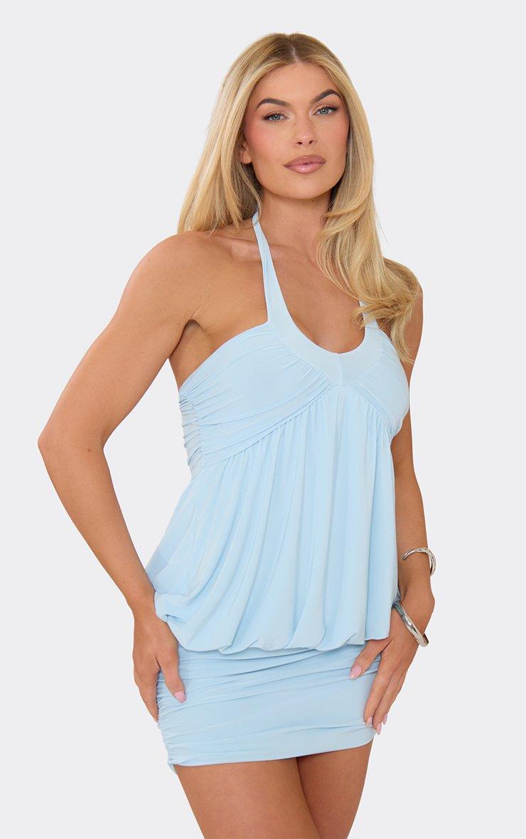 Halterneck Ruched Blouson Mini Dress In Baby Blue | EGO AE | EGO
