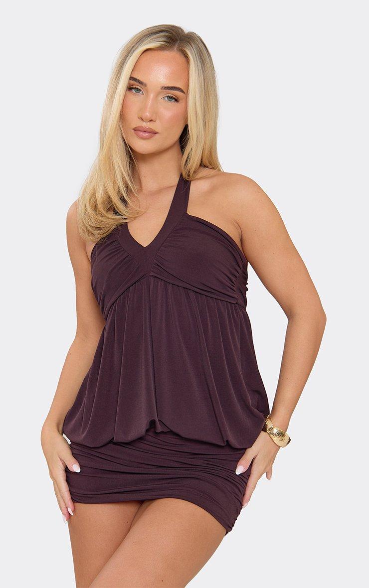 Halterneck Ruched Blouson Mini Dress In Chocolate Brown